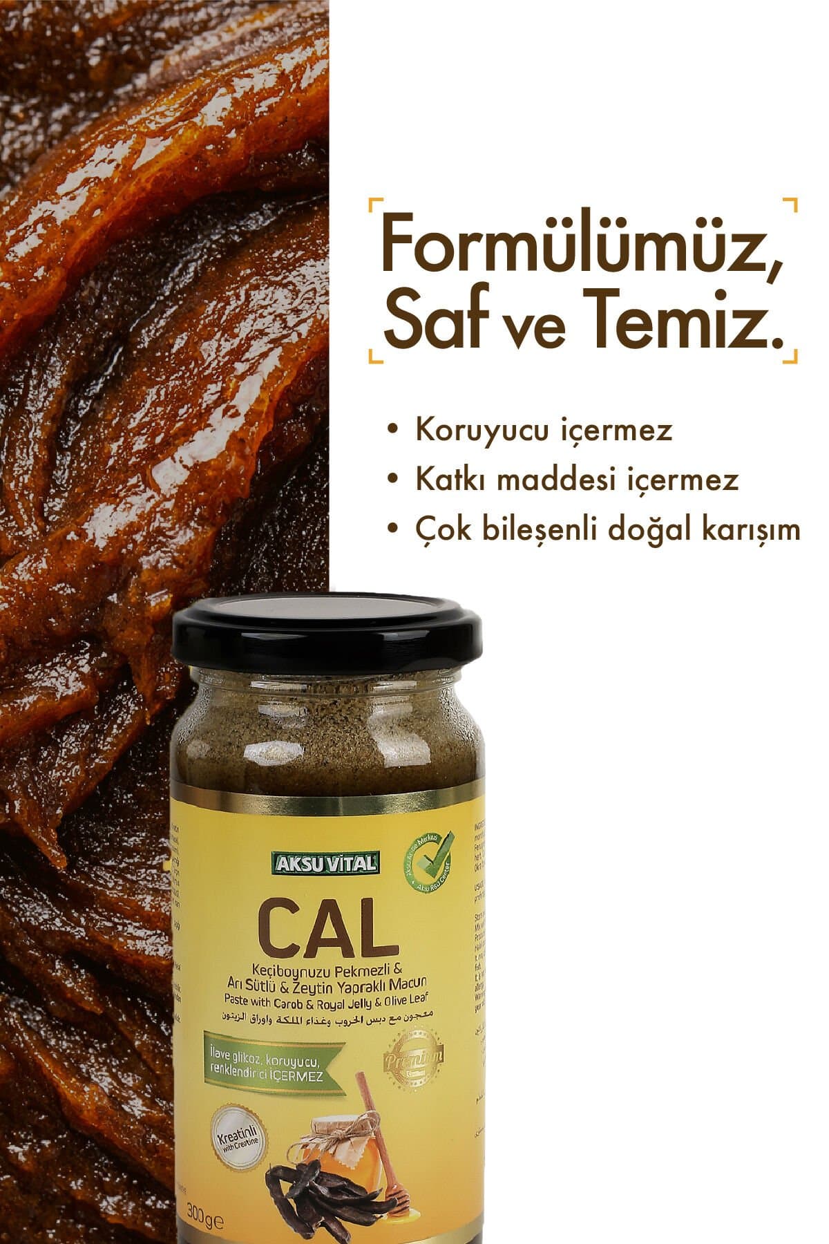AksuVital CAL Keçiboynuzu Pekmezli, Arı Sütlü ve Zeytin Yapraklı Macun 300 g