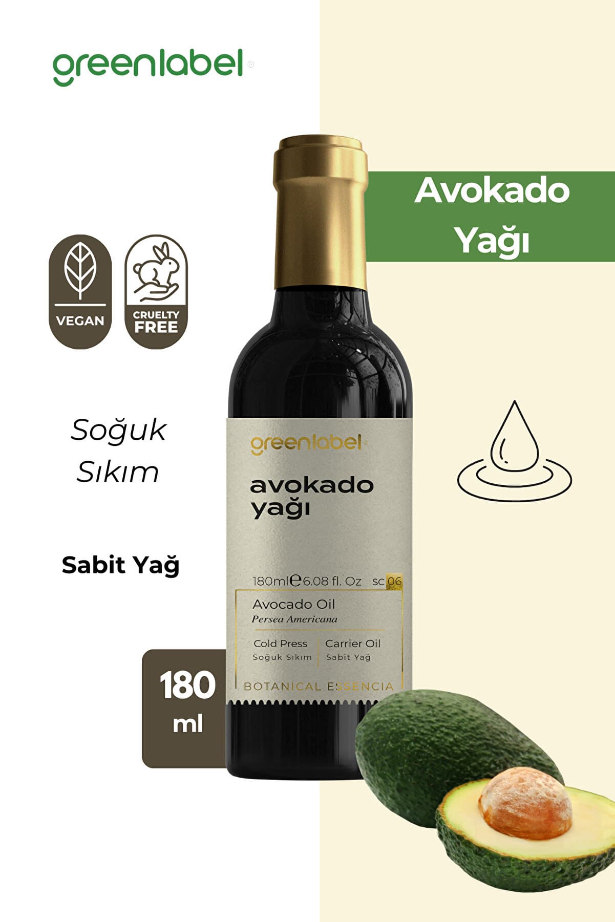 Green Label Avokado Yağı Soğuk Sıkım %100 Doğal Ve Saf 180ml