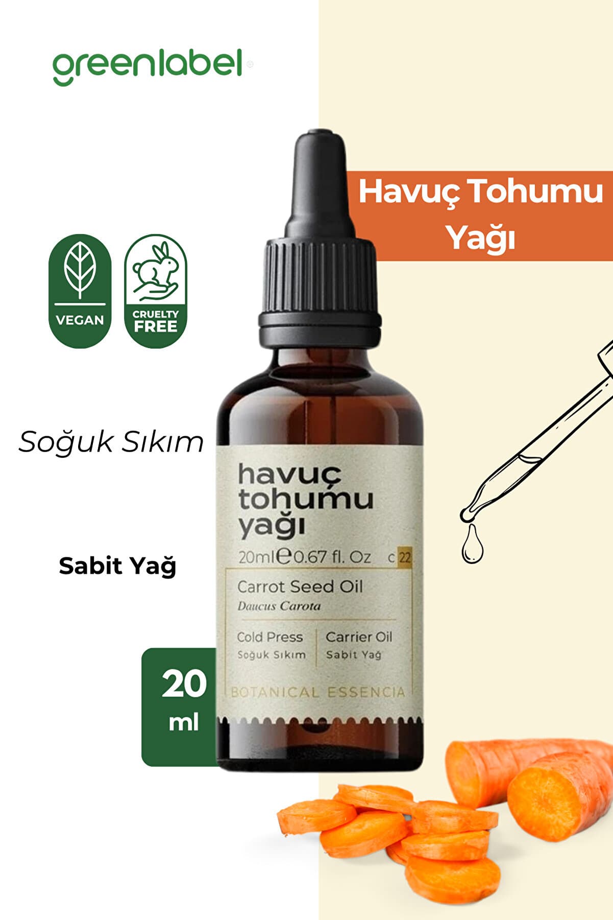 Green Label Havuç Tohumu Yağı Soğuk Sıkım %100 Doğal Ve Saf Bronzlaştırıcı 20ml