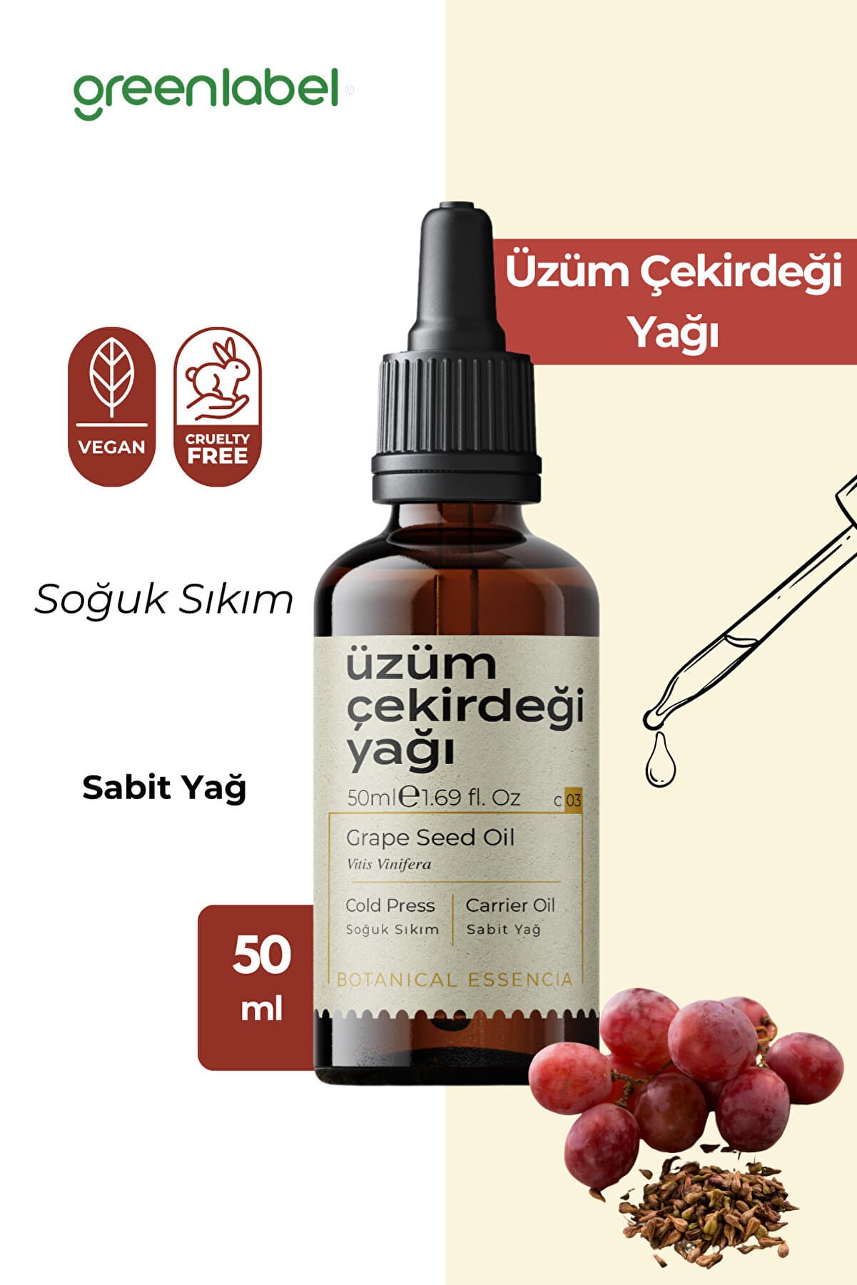 Green Label Üzüm Çekirdeği Yağı Soğuk Sıkım %100 Doğal Ve Saf 50ml
