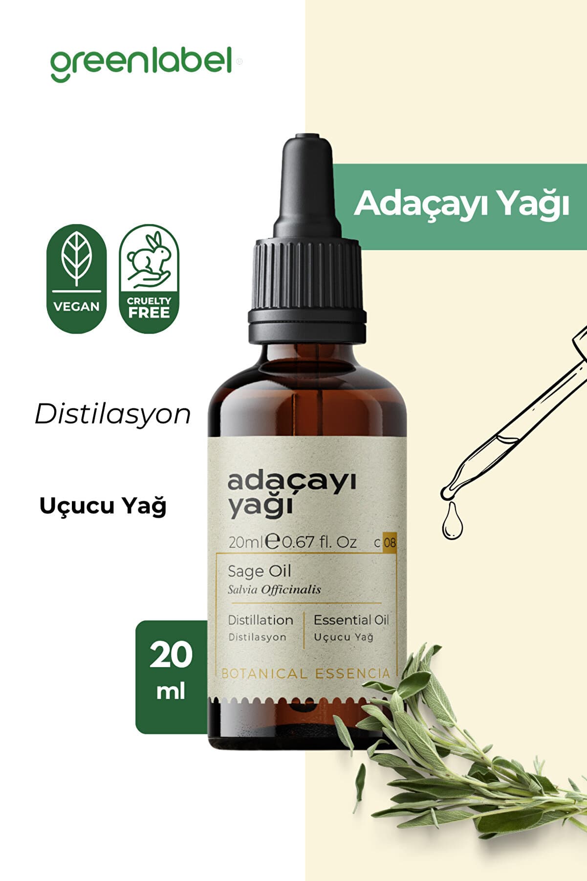 Green Label Adaçayı Yağı (ACI ELMA YAĞI) %100 Doğal Ve Saf 20ml