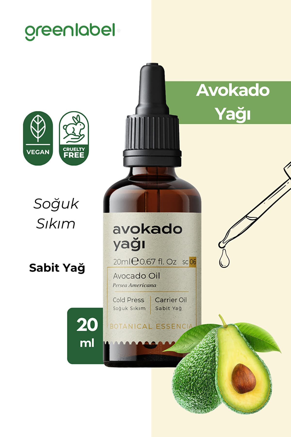 Green Label Avokado Yağı Soğuk Sıkım %100 Doğal Ve Saf 20ml