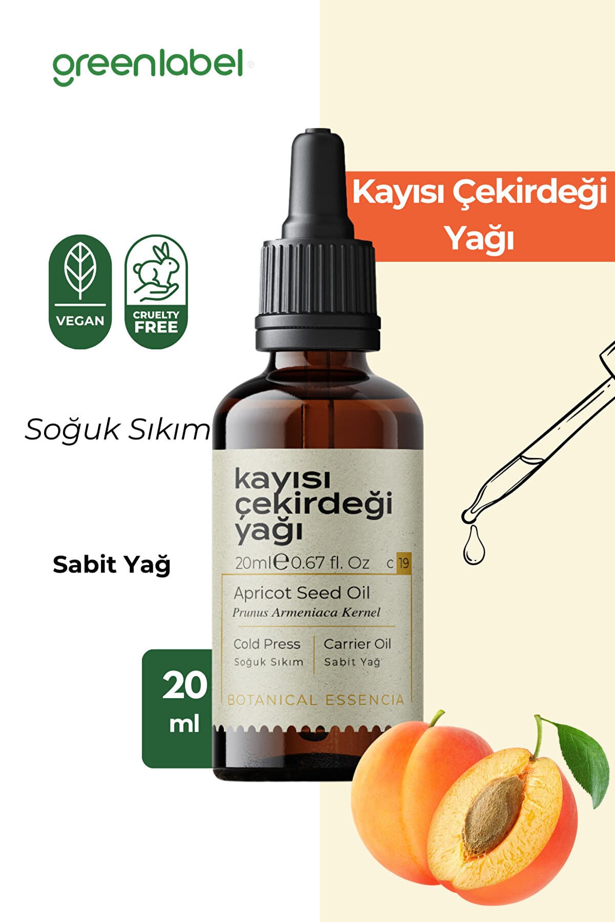 Green Label Kayısı Çekirdeği Yağı Soğuk Sıkım %100 Doğal Ve Saf 20ml