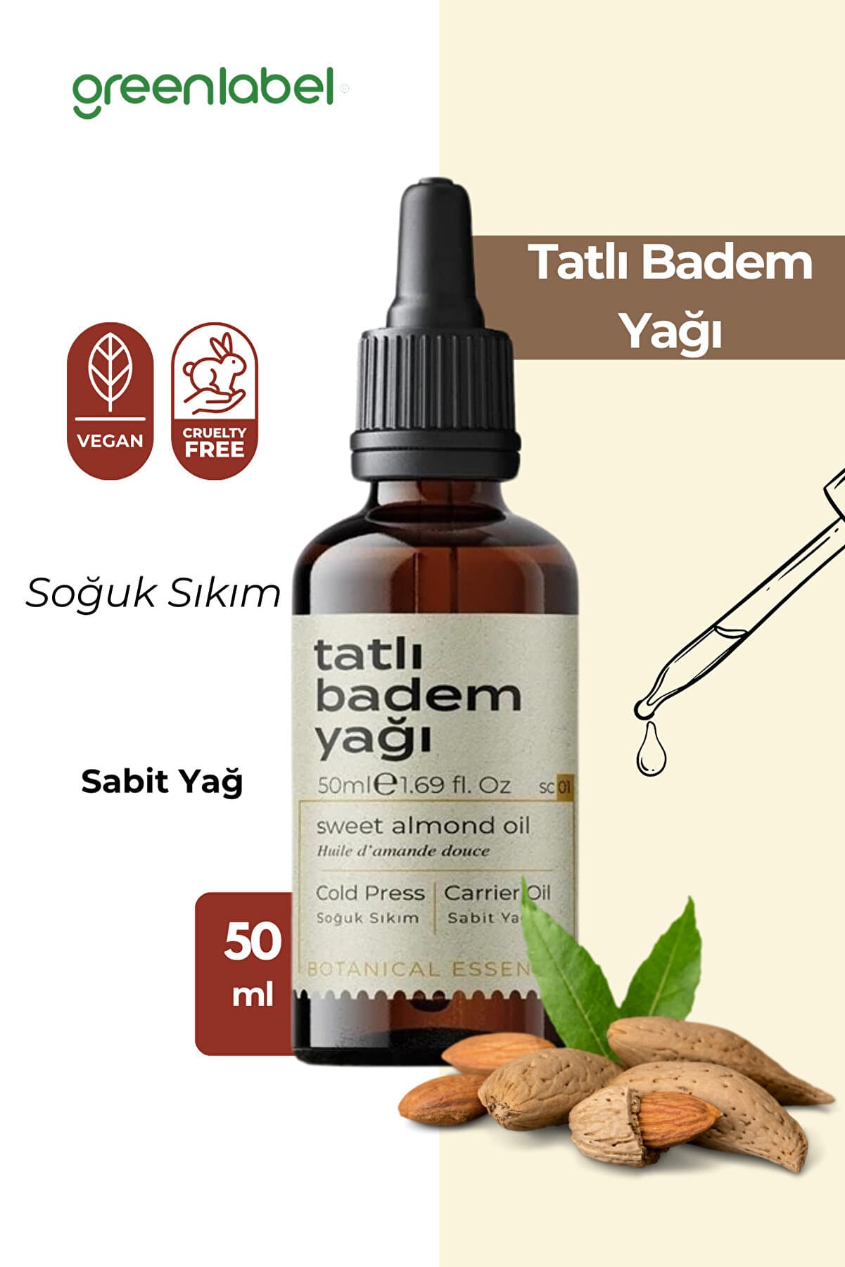 Green Label Tatlı Badem Yağı Soğuk Sıkım %100 Doğal Ve Saf 50ml
