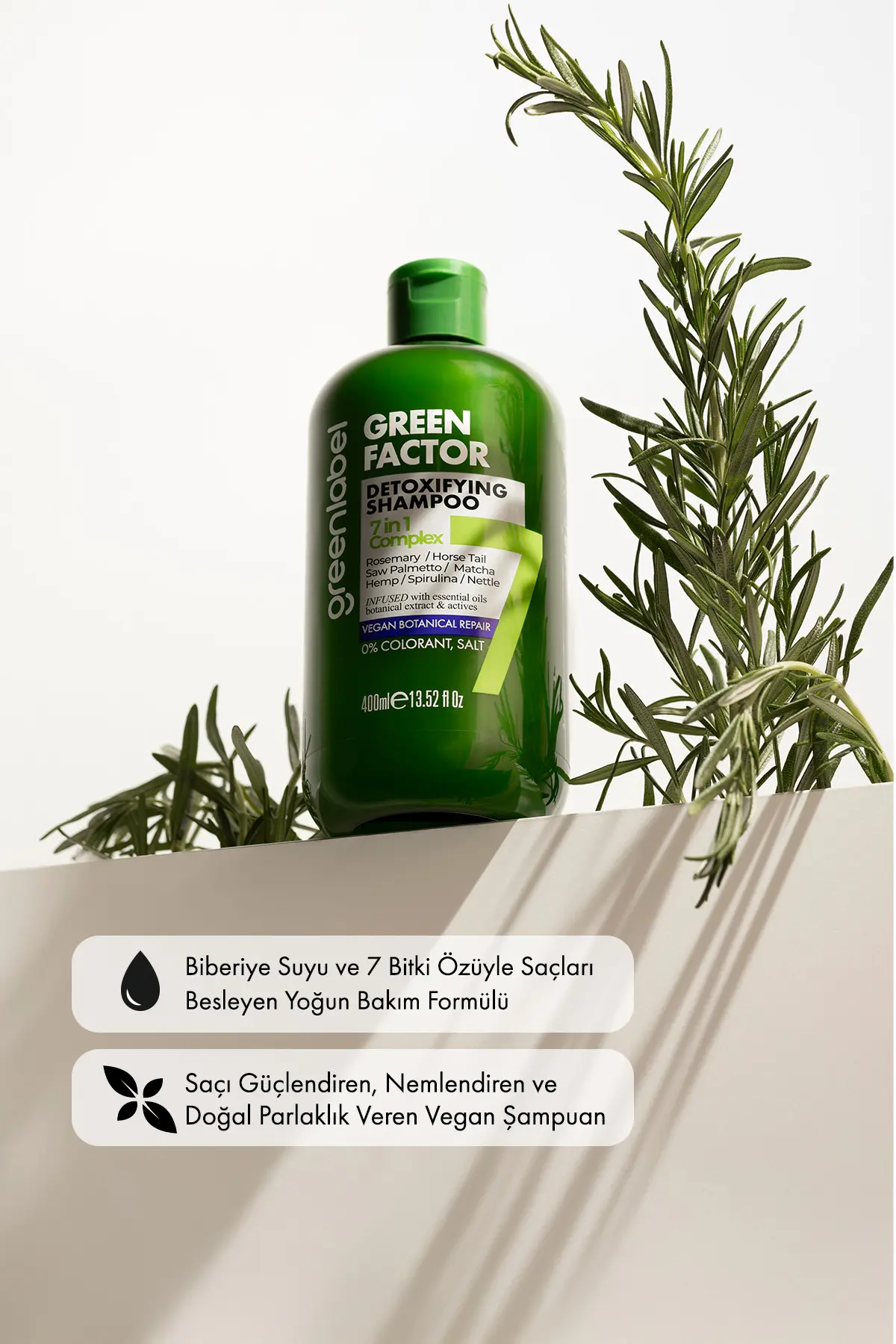 Green Label Green Factor 7 Bitkili Vegan Parabensiz Glutensiz Yoğun Bakım Ve Biberiye Suyu Içeren Şampuan