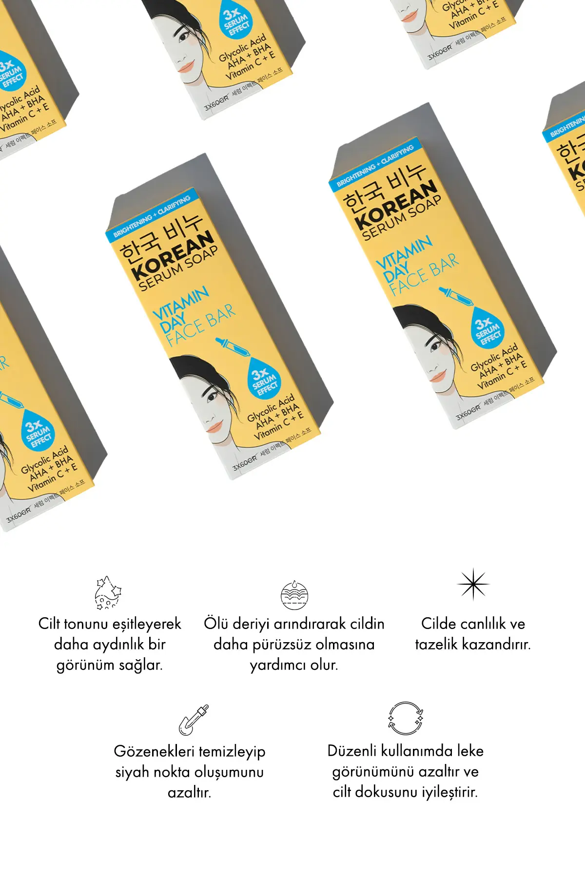 Green Label 3'lü Kore Leke Karşıtı ve Beyazlatıcı Sabun Vitamin C & E AHA, BHA ve Glikolik Asit