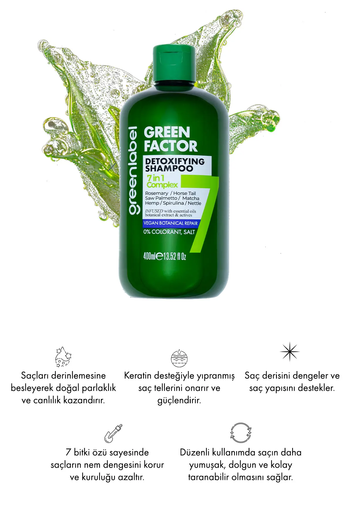 Green Label Green Factor 7 Bitkili Vegan Parabensiz Glutensiz Yoğun Bakım Ve Biberiye Suyu Içeren Şampuan