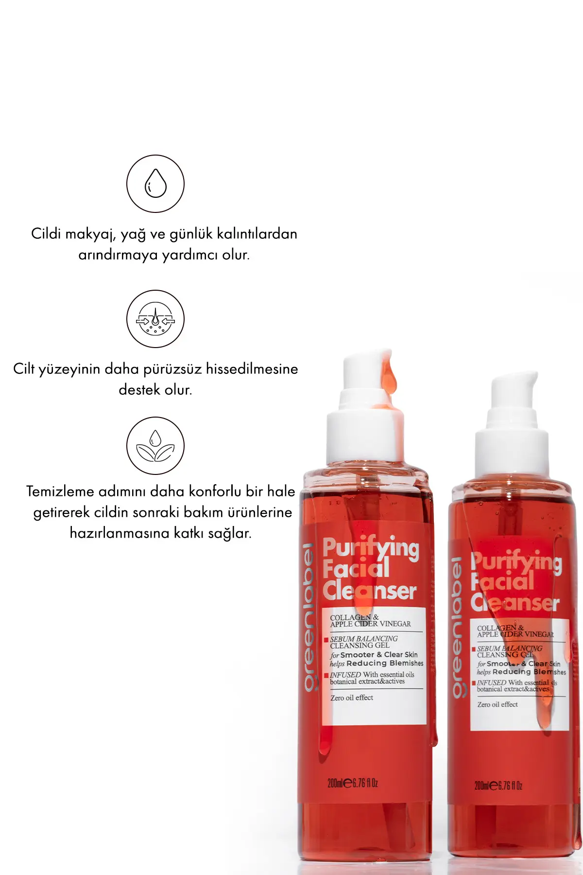 Green Label Purifying Facial Cleanser-Elma Sirkesi Kolajen Özlü Canlandırıcı Arındırıcı Yüz Temizleme Jeli 200ml