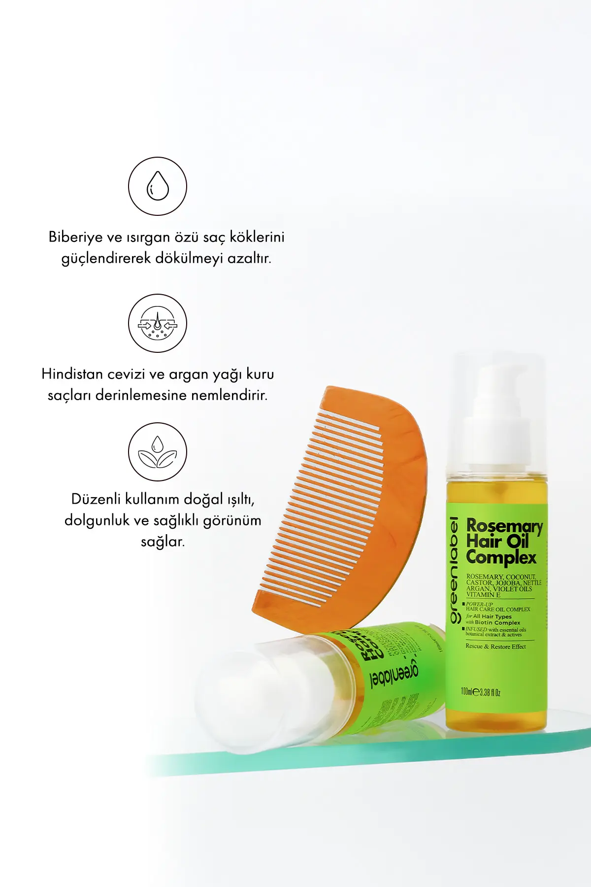 Green Label Biberiye, Hindistan Cevizi Argan ve Isırgan Yağı ile Zenginleştirilmiş Biberiye Saç Bakım Yağı 100ml