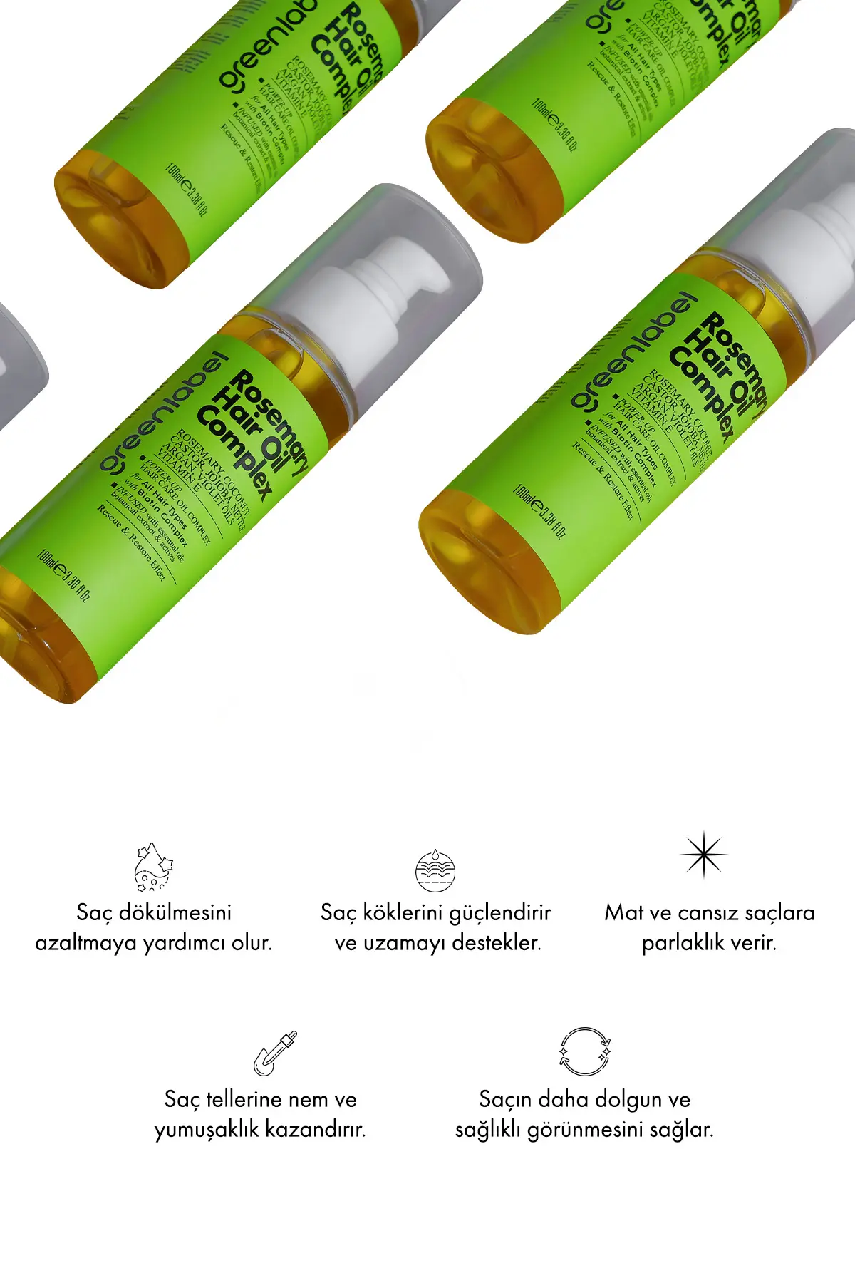 Green Label Biberiye, Hindistan Cevizi Argan ve Isırgan Yağı ile Zenginleştirilmiş Biberiye Saç Bakım Yağı 100ml