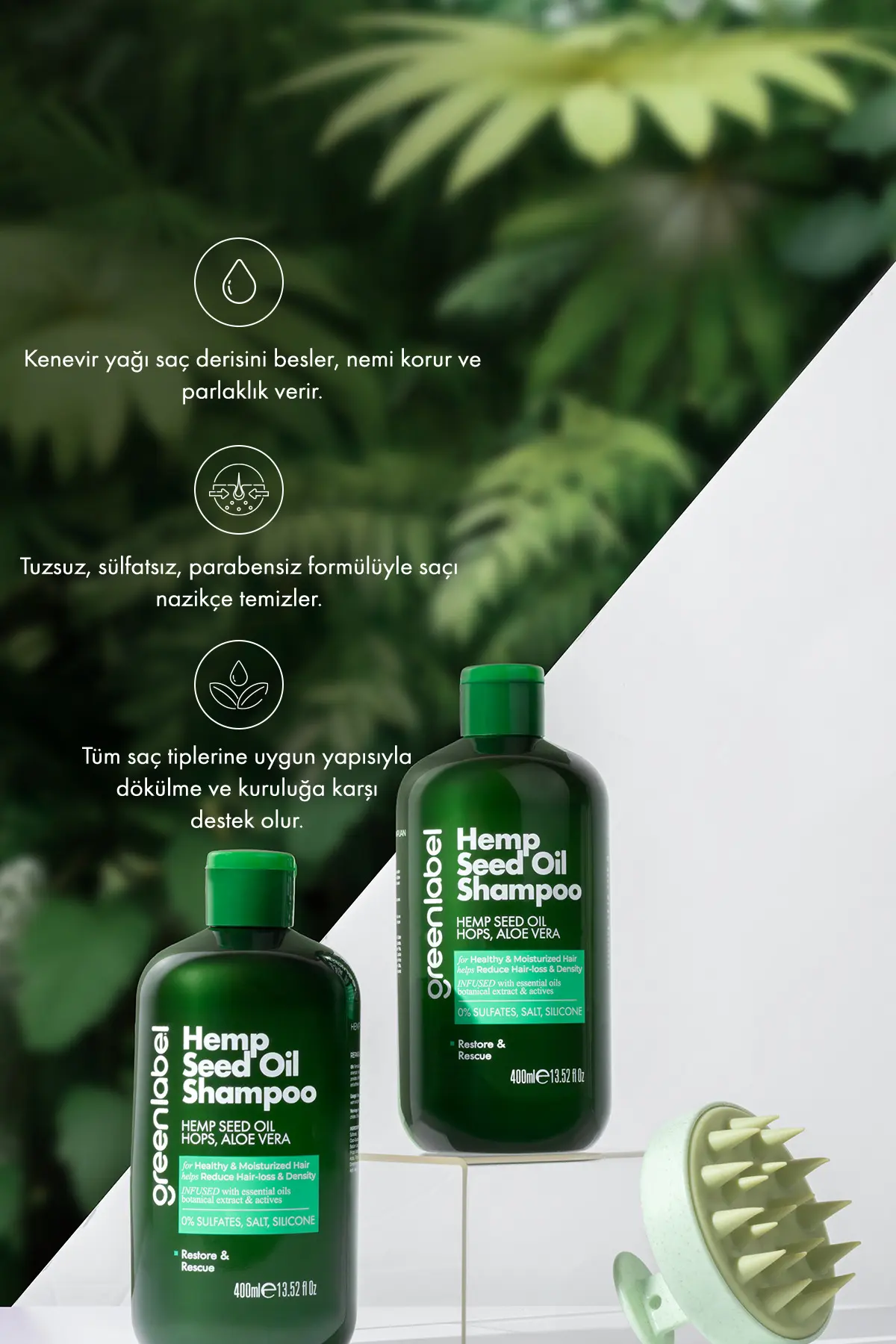 Green Label Greenlabel Kenevir Özlü Tuzsuz Parabensiz Sülfatsız Kepek Karşıtı Bakım Ve Onarım Şampuanı 400ml.