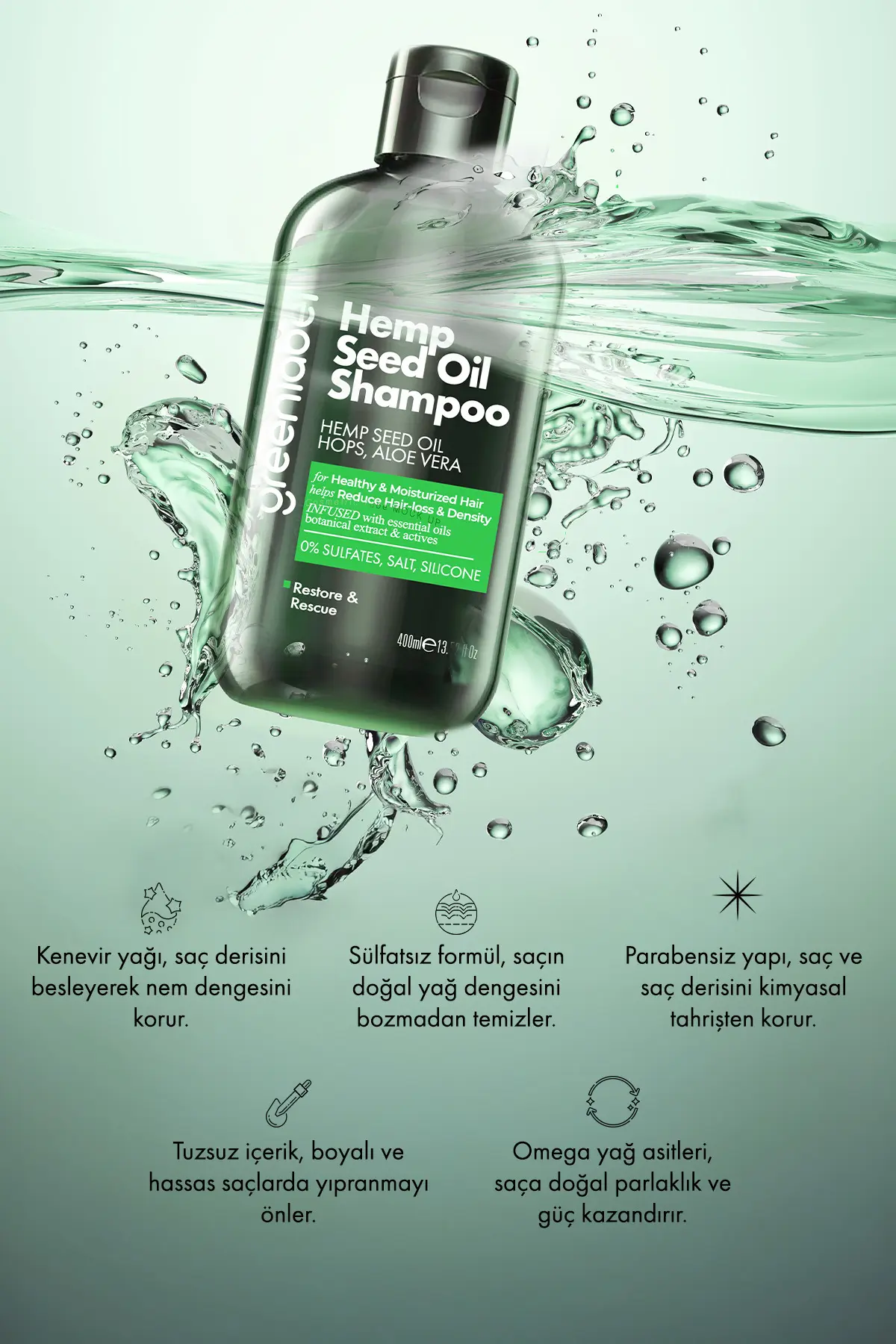 Green Label Greenlabel Kenevir Özlü Tuzsuz Parabensiz Sülfatsız Kepek Karşıtı Bakım Ve Onarım Şampuanı 400ml.