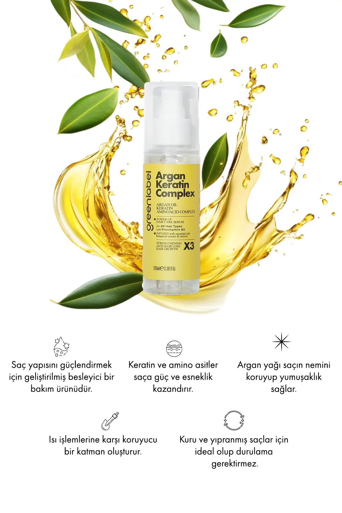 Green Label Argan Yağı, Keratin Ve Panthenol (B5 VİTAMİNİ) Içeren Yoğun Bakım Kompleksi 100 ml