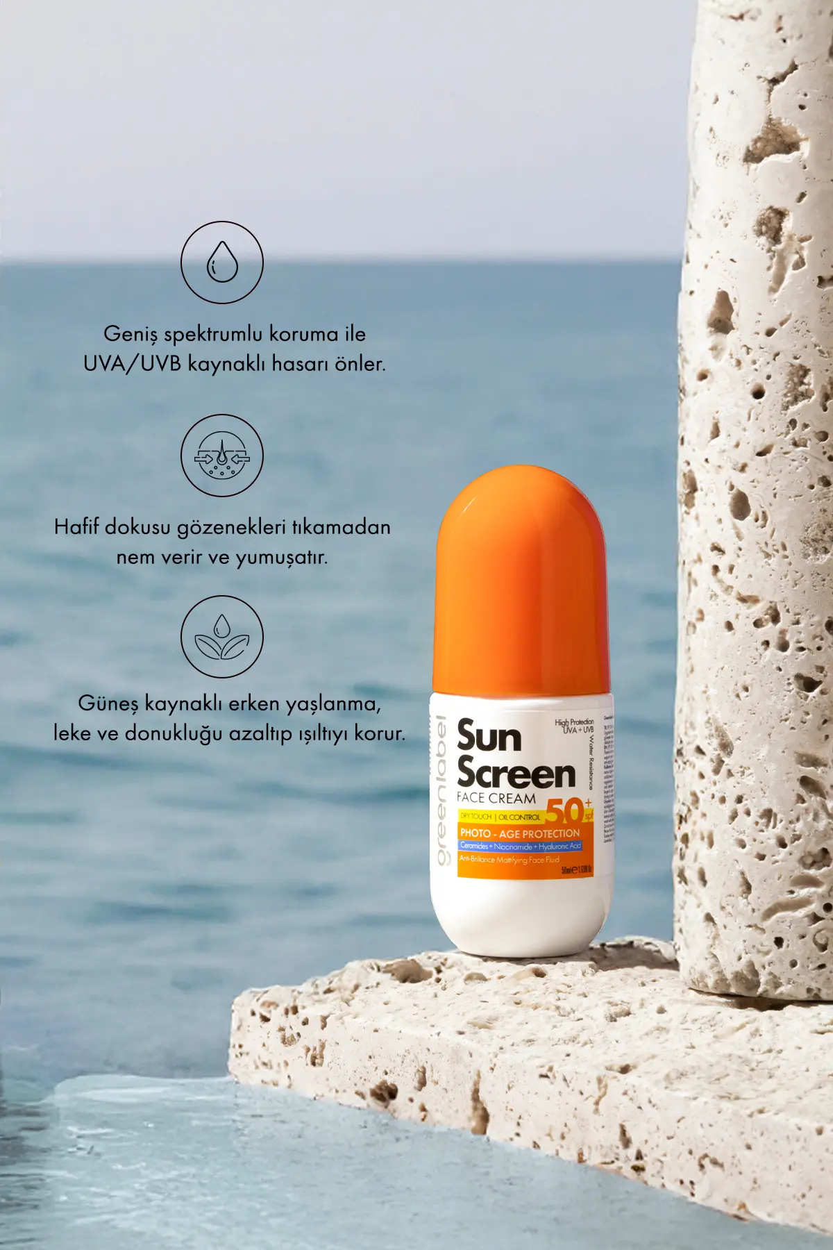 Green Label Yüz Güneş Kremi Hyalüronik Asit Ve Niasinamid Içeren Leke Karşıtı 50 Spf Yüksek Koruma 50 ml