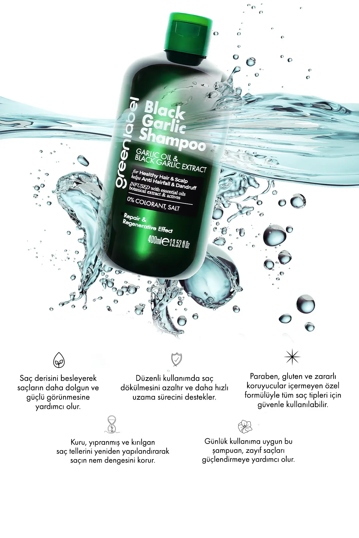 Green Label Greenlabel Siyah Sarımsak Özlü Parabensiz Tuzsuz Dökülme Ve Kepek Karşıtı Şampuan 400ml