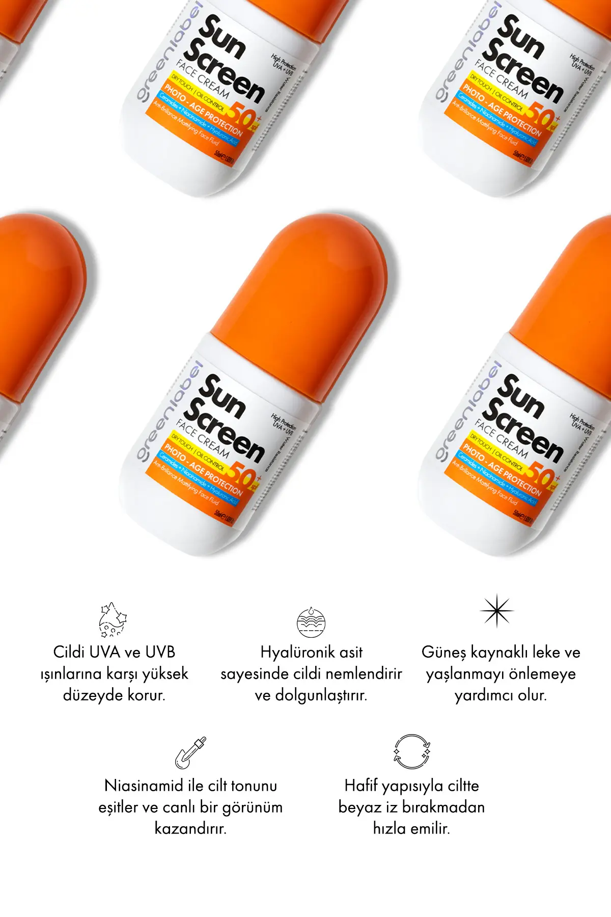 Green Label Yüz Güneş Kremi Hyalüronik Asit Ve Niasinamid Içeren Leke Karşıtı 50 Spf Yüksek Koruma 50 ml