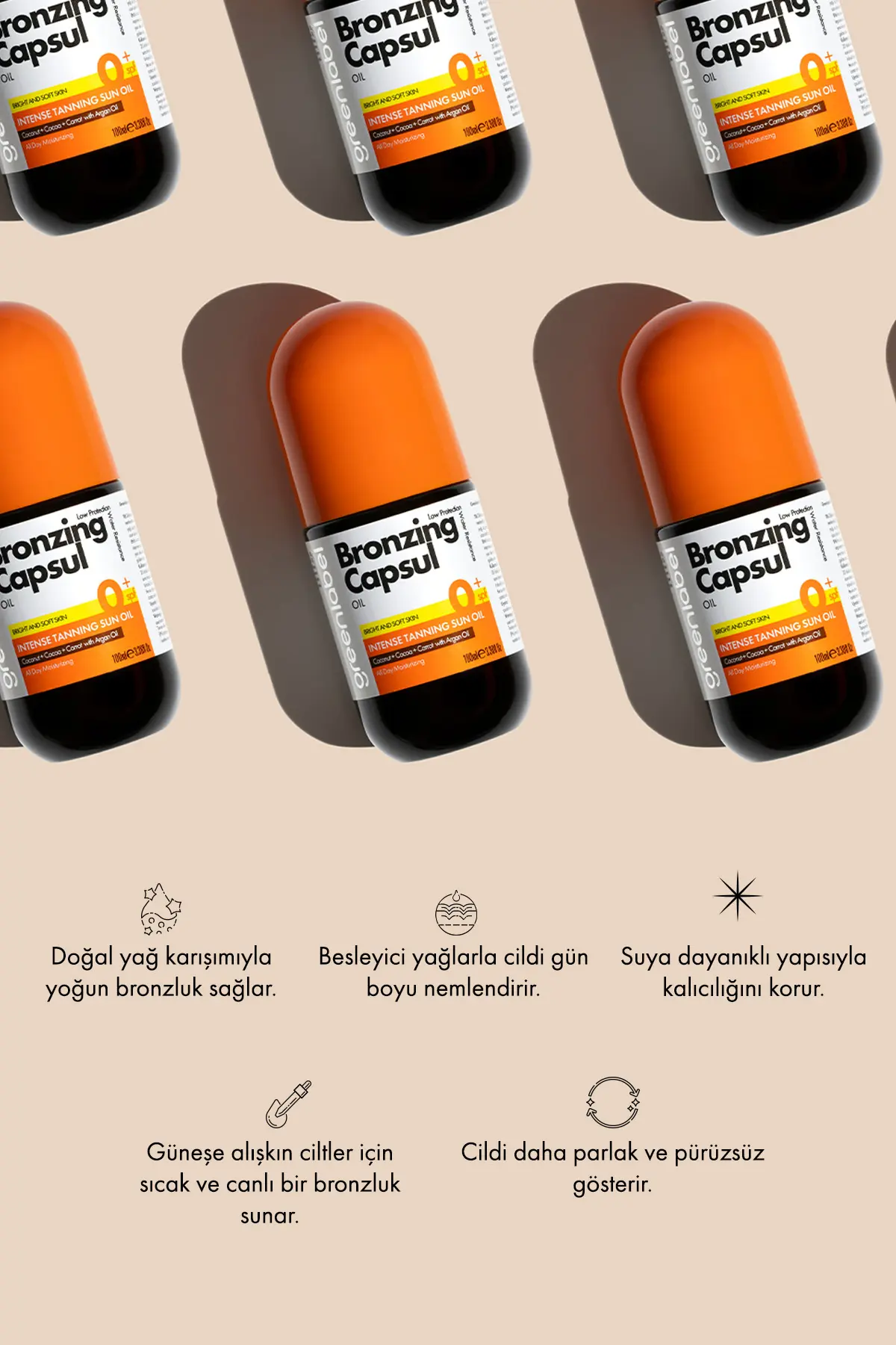 Green Label Bronzlaştırıcı Havuç, Kakao ve Hindistan Cevizi Yağı İçeren Bronzing Capsul Oil 100 ml