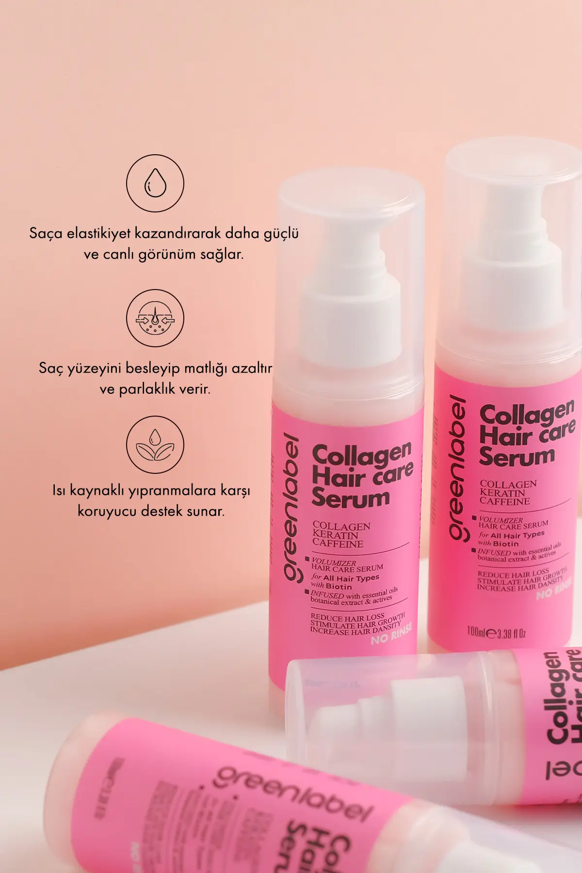 Green Label Kolajen, Keratin Ve Gül Suyu Ile Zenginleştirilen Durulamasız Saç Serumu 100 ml
