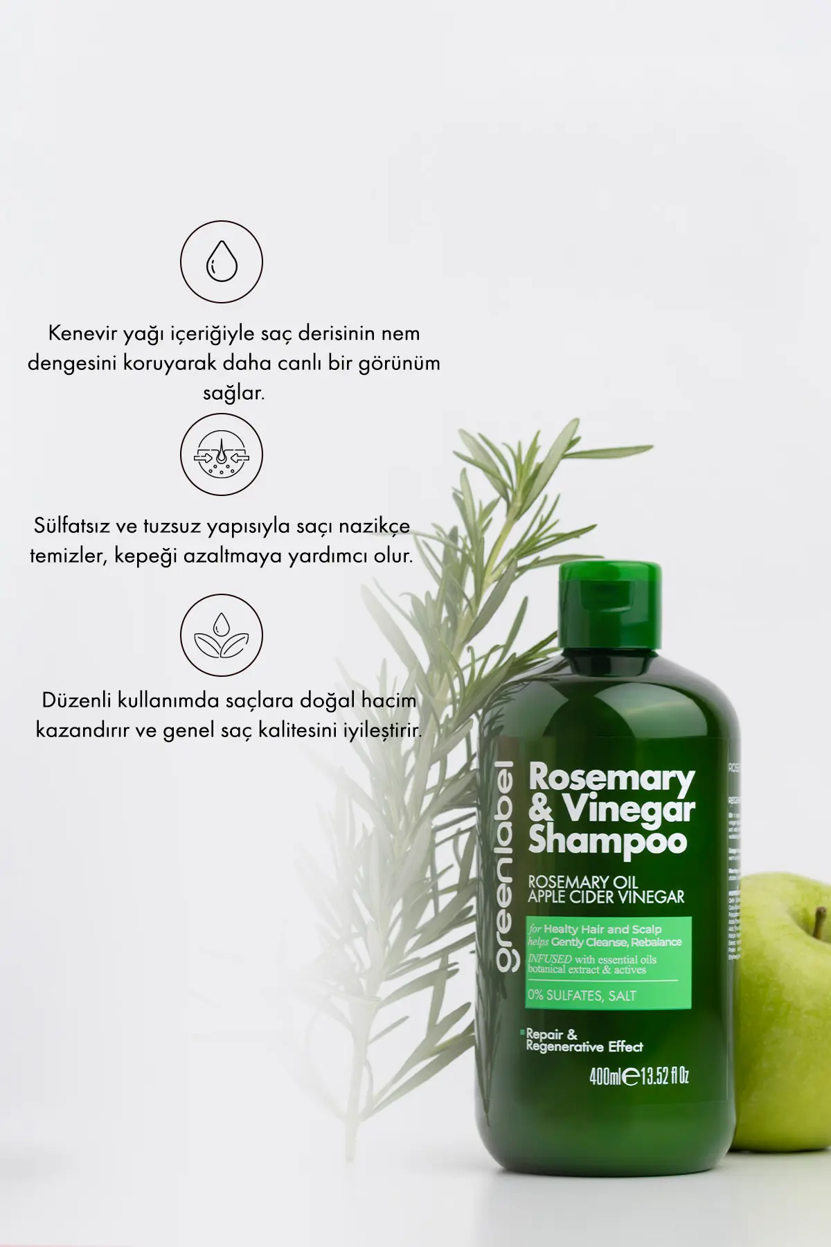Green Label Biberiye Ve Elma Sirkesi Özlü Tuzsuz Parabensiz Sülfatsız Yenileyici Ve Arındırıcı şampuan 400 ml