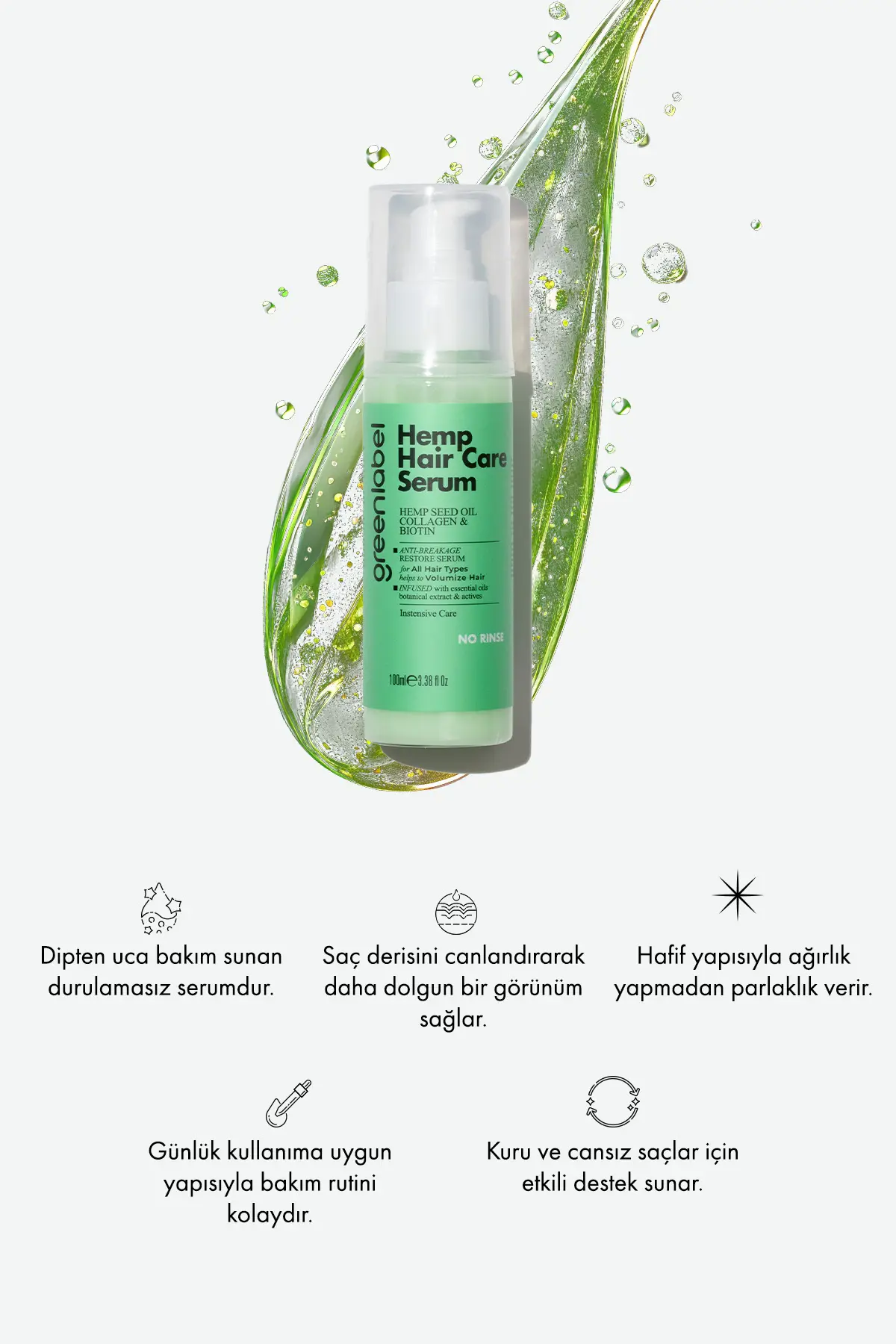 Green Label Kenevir Yağı, Hidrolize Keratin Ve Kolajen Ile Formüle Edilen Durulamasız Serum 100 ml