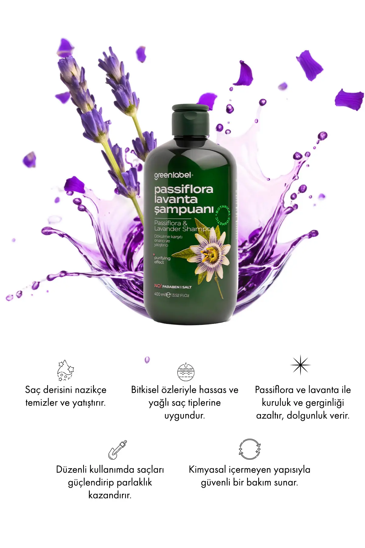 Green Label Passiflora Ve Lavanta Özlü Parabensiz Tuzsuz Kepek Karşıtı Bakım Ve Onarım Şampuanı 400ml