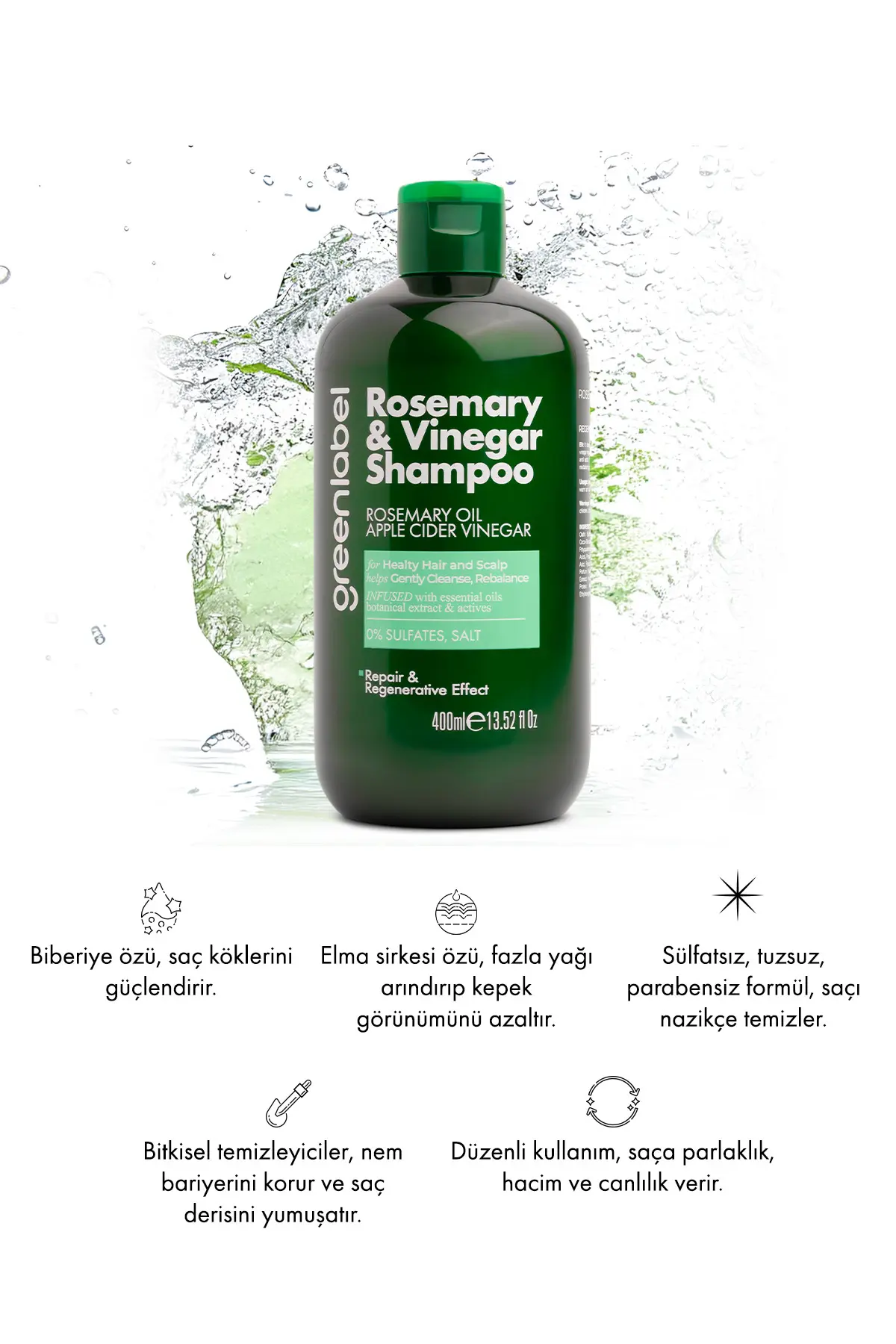Green Label Biberiye Ve Elma Sirkesi Özlü Tuzsuz Parabensiz Sülfatsız Yenileyici Ve Arındırıcı şampuan 400 ml