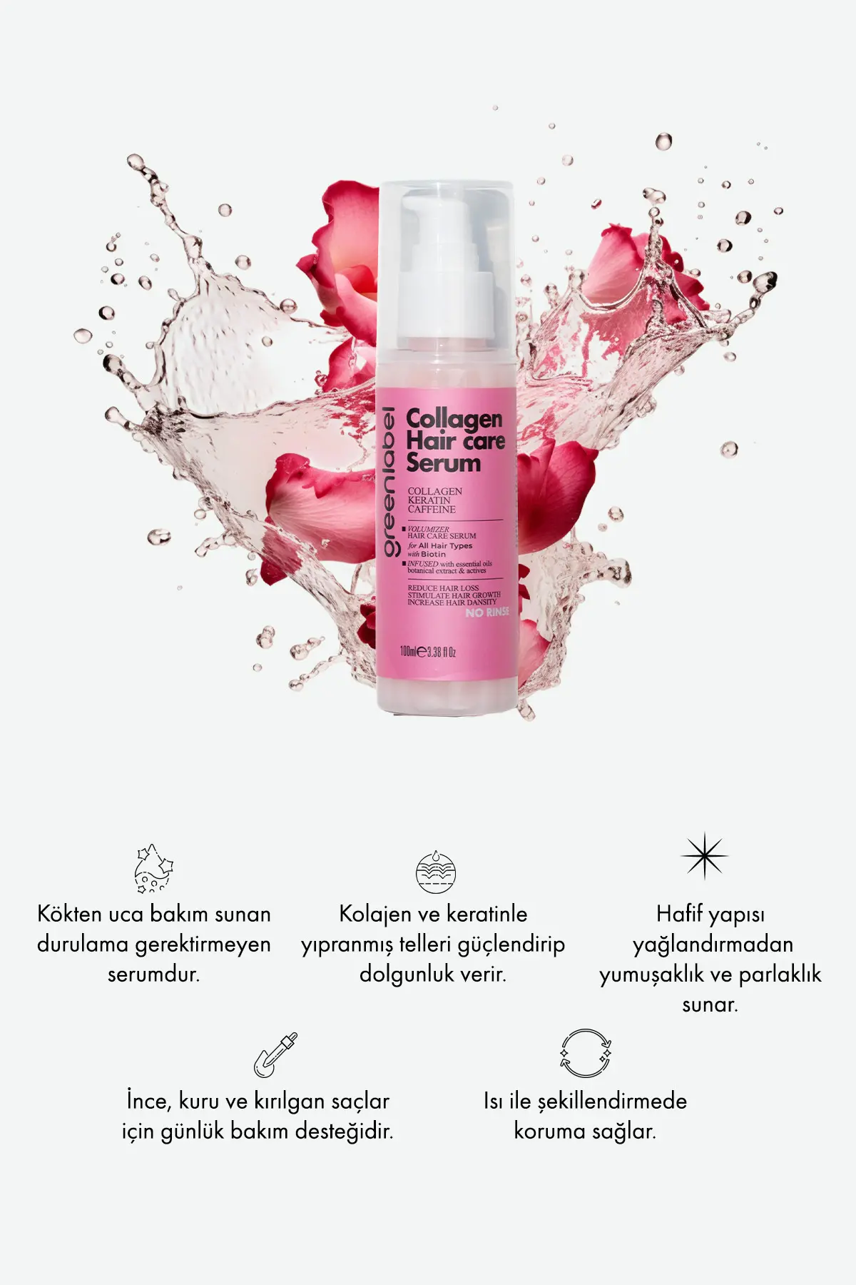Green Label Kolajen, Keratin Ve Gül Suyu Ile Zenginleştirilen Durulamasız Saç Serumu 100 ml
