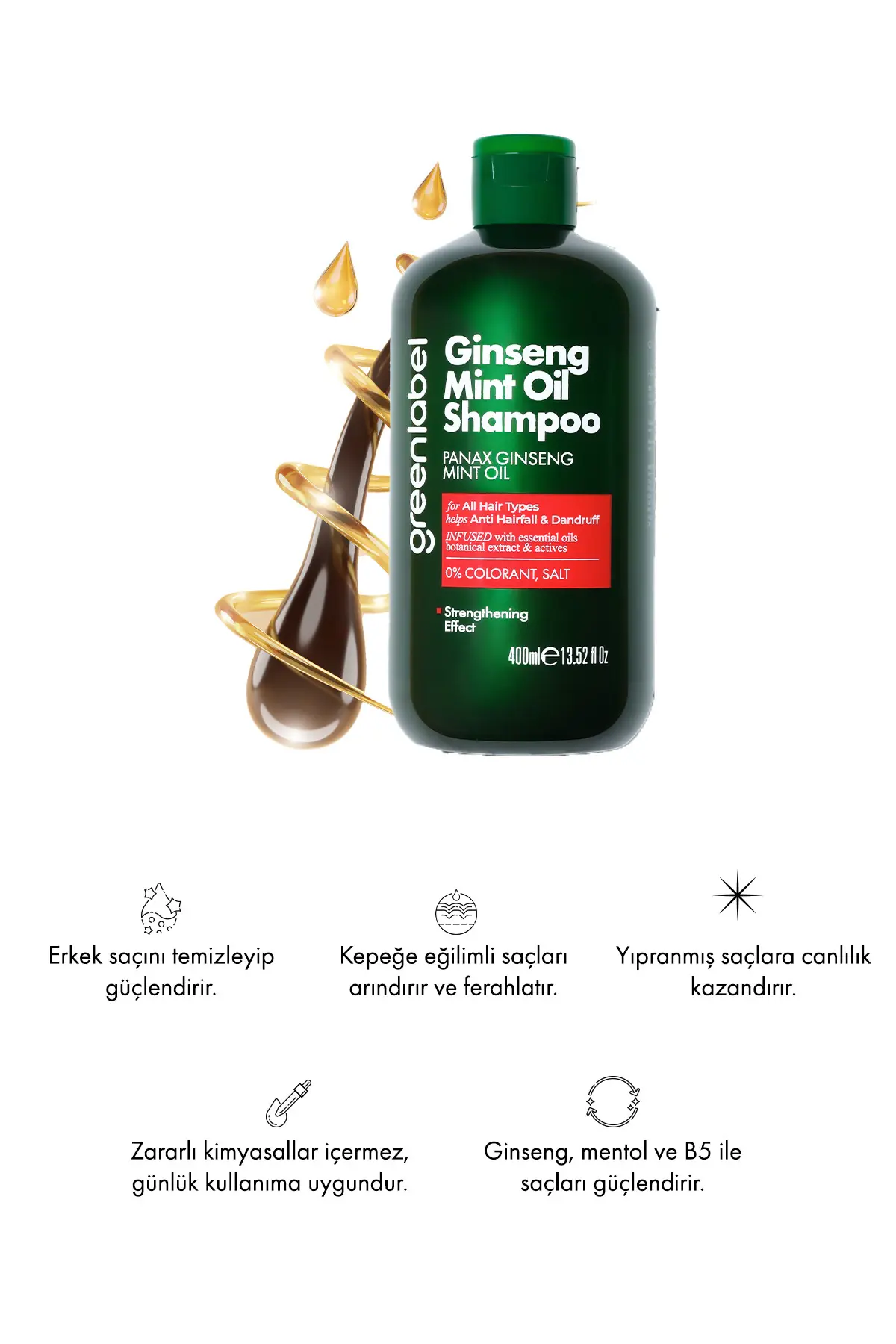 Green Label Greenlabel Ginseng Ve Nane Özlü Parabensiz Tuzsuz Kepek Karşıtı Bakım Ve Onarım Şampuanı 400ml