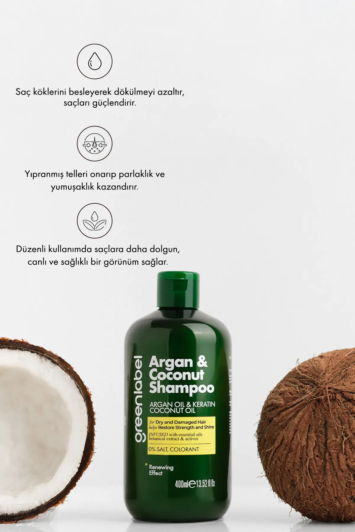 Green Label Argan Ve Hindistan Cevizi Özlü Dökülme Karşıtı Besleyici Ve Onarıcı Keratin şampuanı 400 ml
