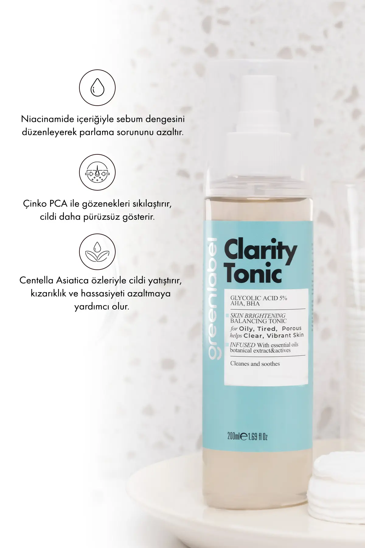 Green Label Clarity Tonik Arındırıcı Ve Gözenek Sıkılaştırıcı %5 Glikolik Asit Aha Içeren Peeling Etkili 200ml