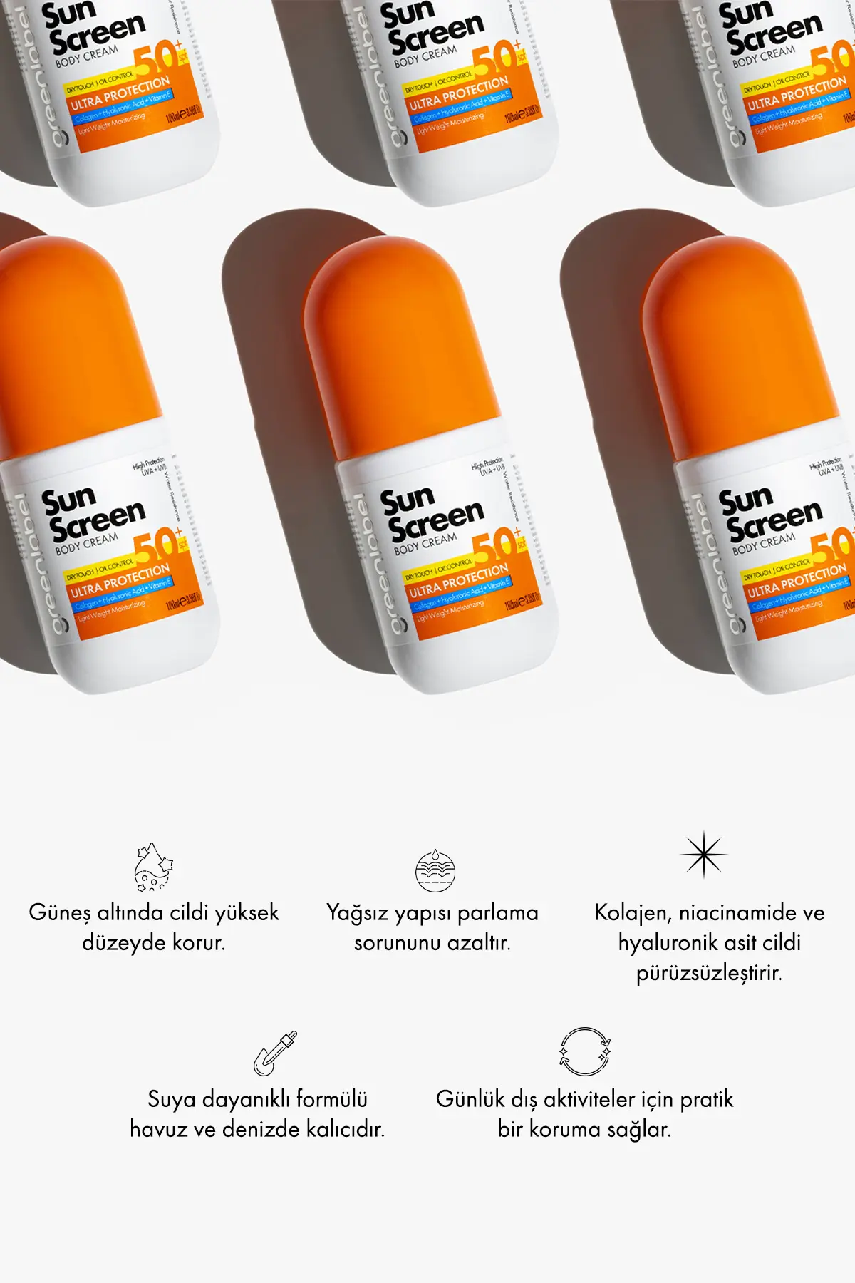 Green Label Vücut Güneş Kremi Kolajen, Hyalüronik Asit ve Vitamin E İçeren 50 Spf Korumalı Sun Screen 100 ml