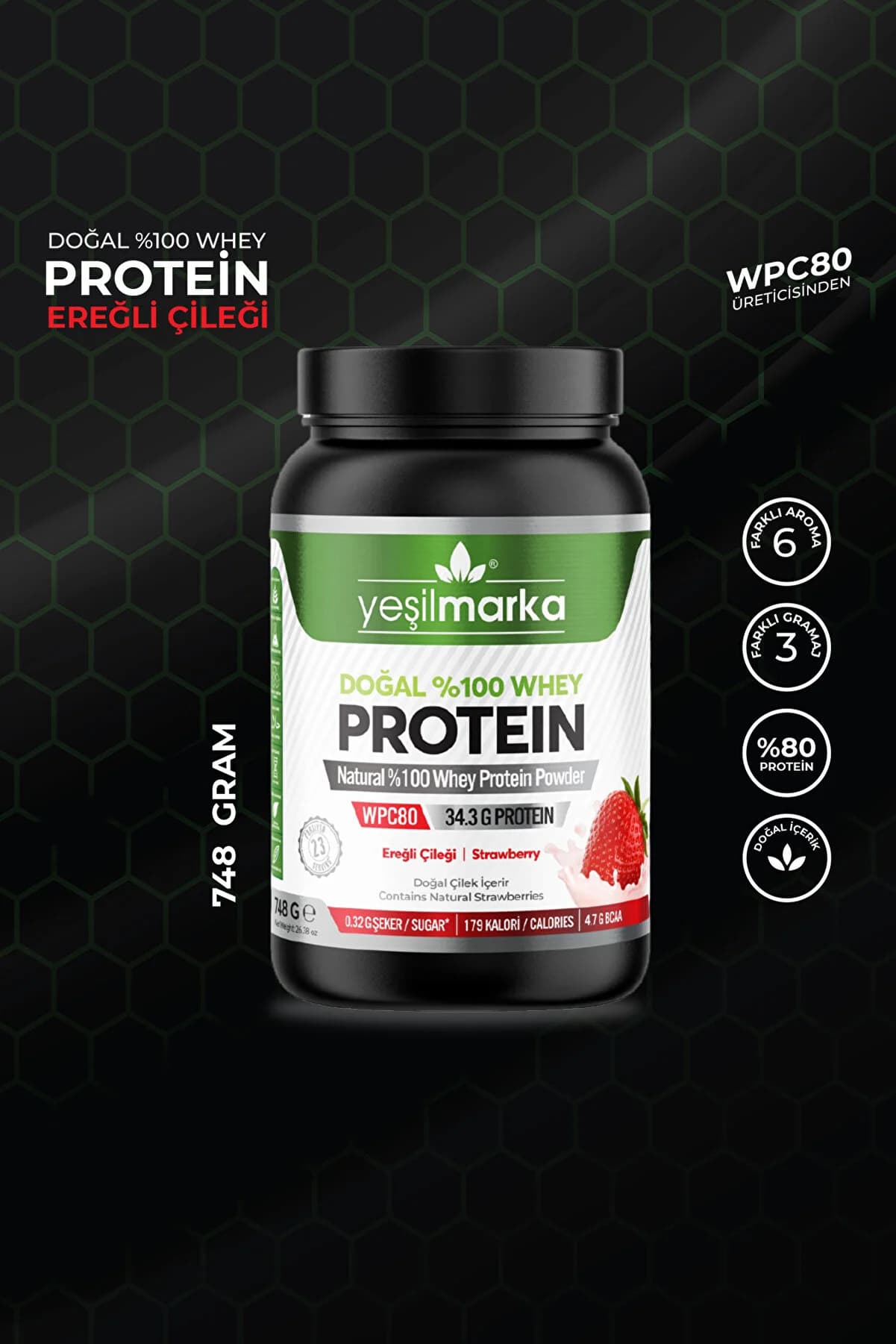 yeşilmarka Whey Protein Tozu– Ereğli Çileği 748g- Liyofilize Çilek Tozu Içerir- Aspartam Yok