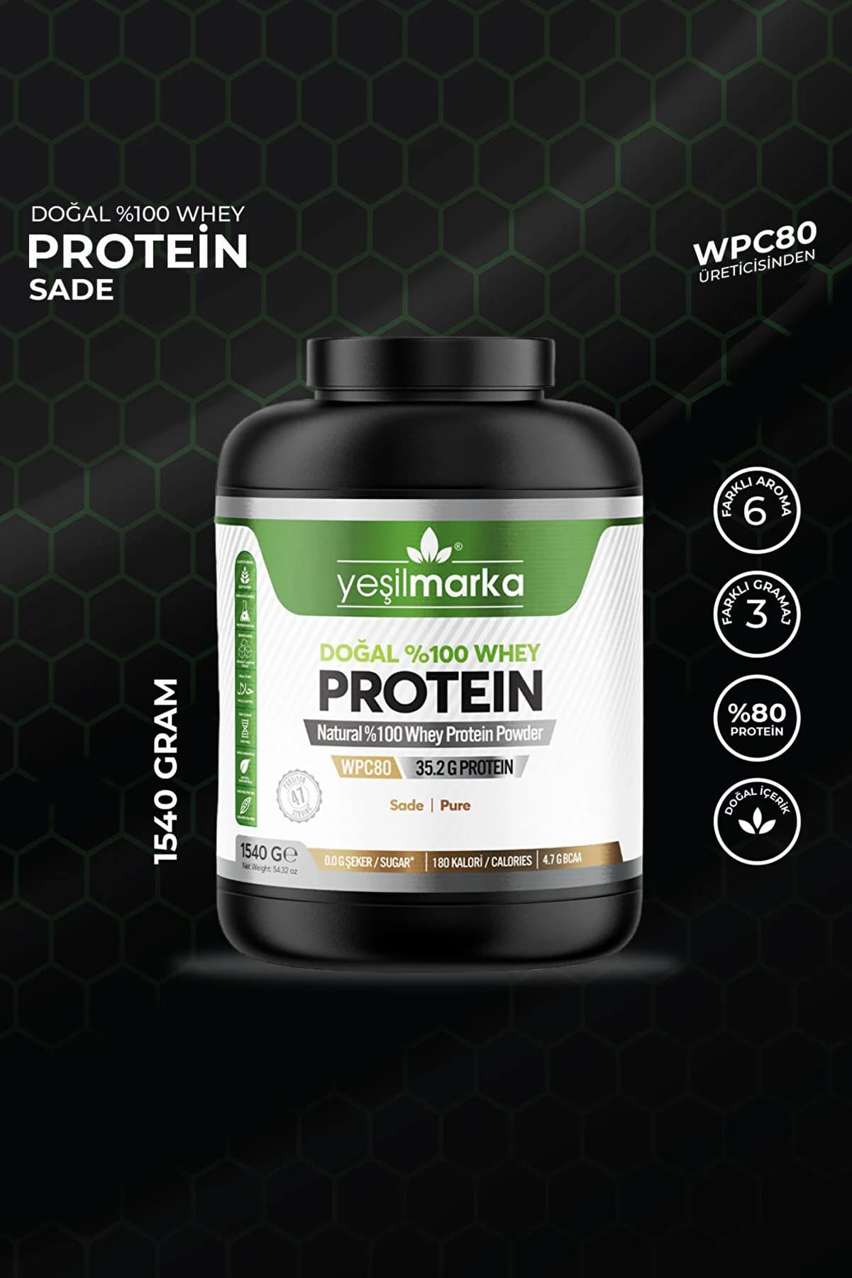 yeşilmarka Whey Protein Tozu Saf / Aromasız 1540 GR