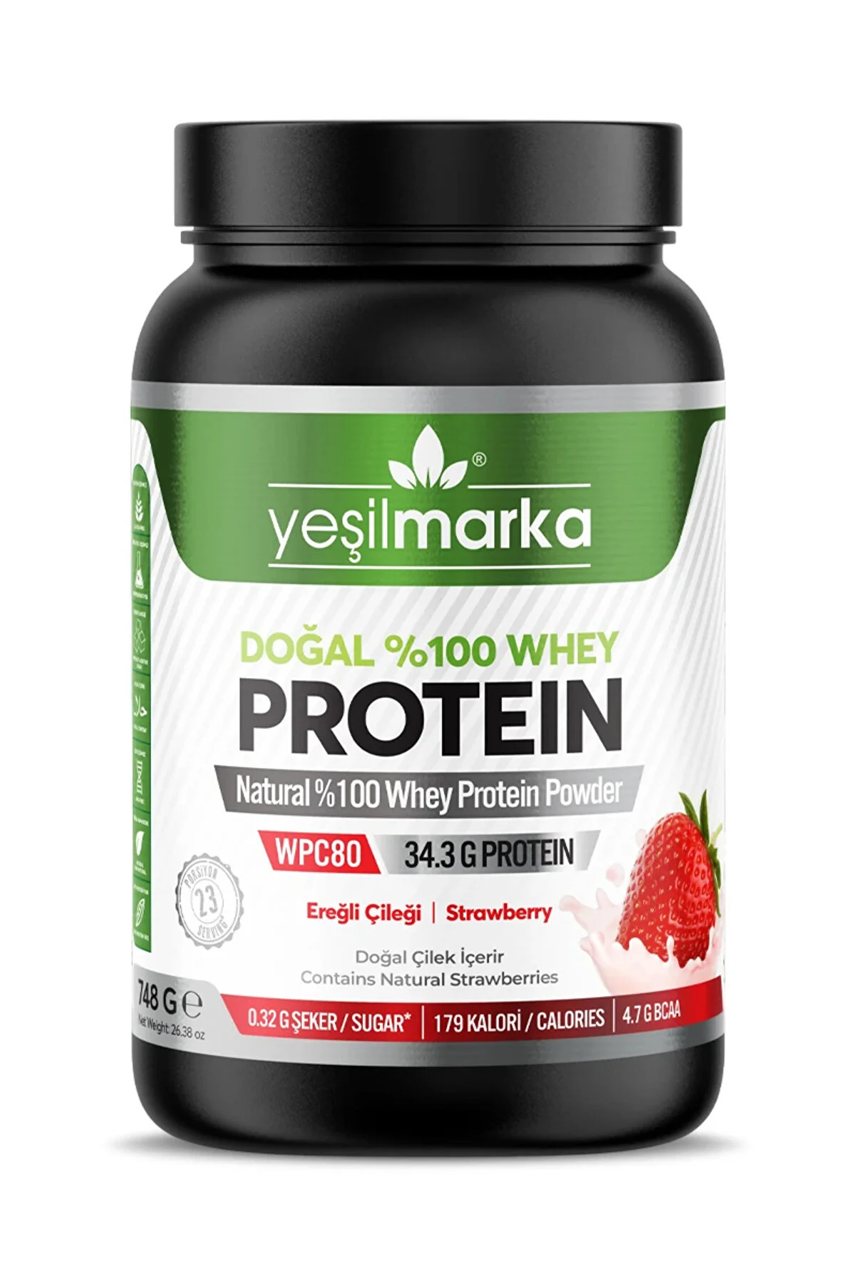 yeşilmarka Whey Protein Tozu– Ereğli Çileği 748g- Liyofilize Çilek Tozu Içerir- Aspartam Yok