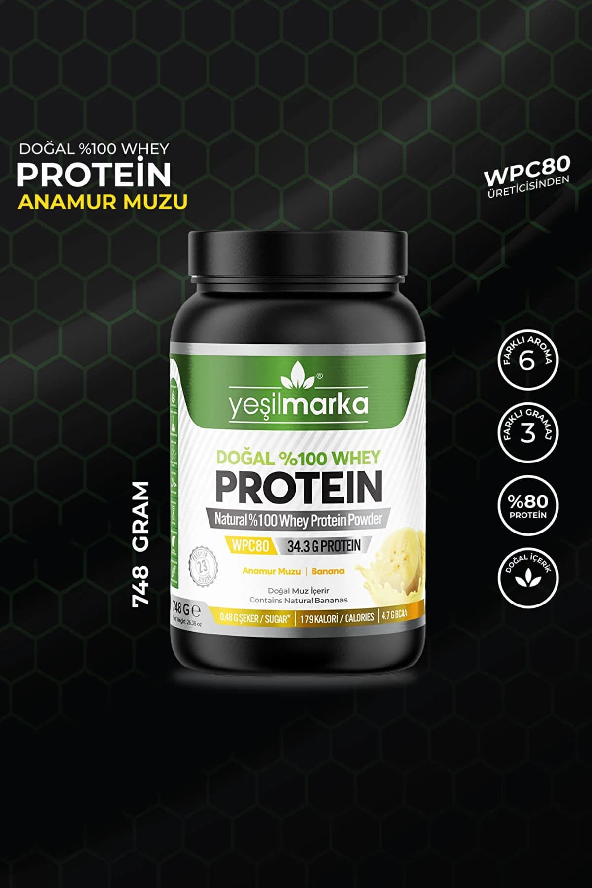 yeşilmarka Whey Protein Tozu– Anamur Muzu 748g- Gerçek Muz Tozu- Yapay Tatlandırıcı Içermez!
