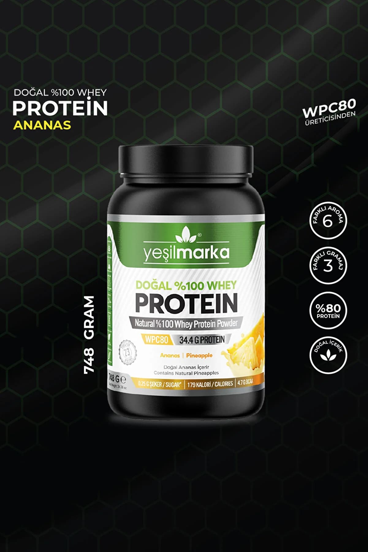 yeşilmarka Whey Protein Tozu– Ananas 748g- Hammadde Üreticisinden %80 Protein Içeren Whey
