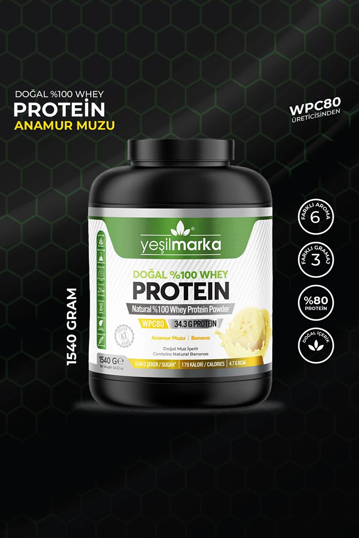 yeşilmarka Whey Protein Tozu– Anamur Muzu 1540g- Sadece %80 Protein Içeren Whey Protein Içerir