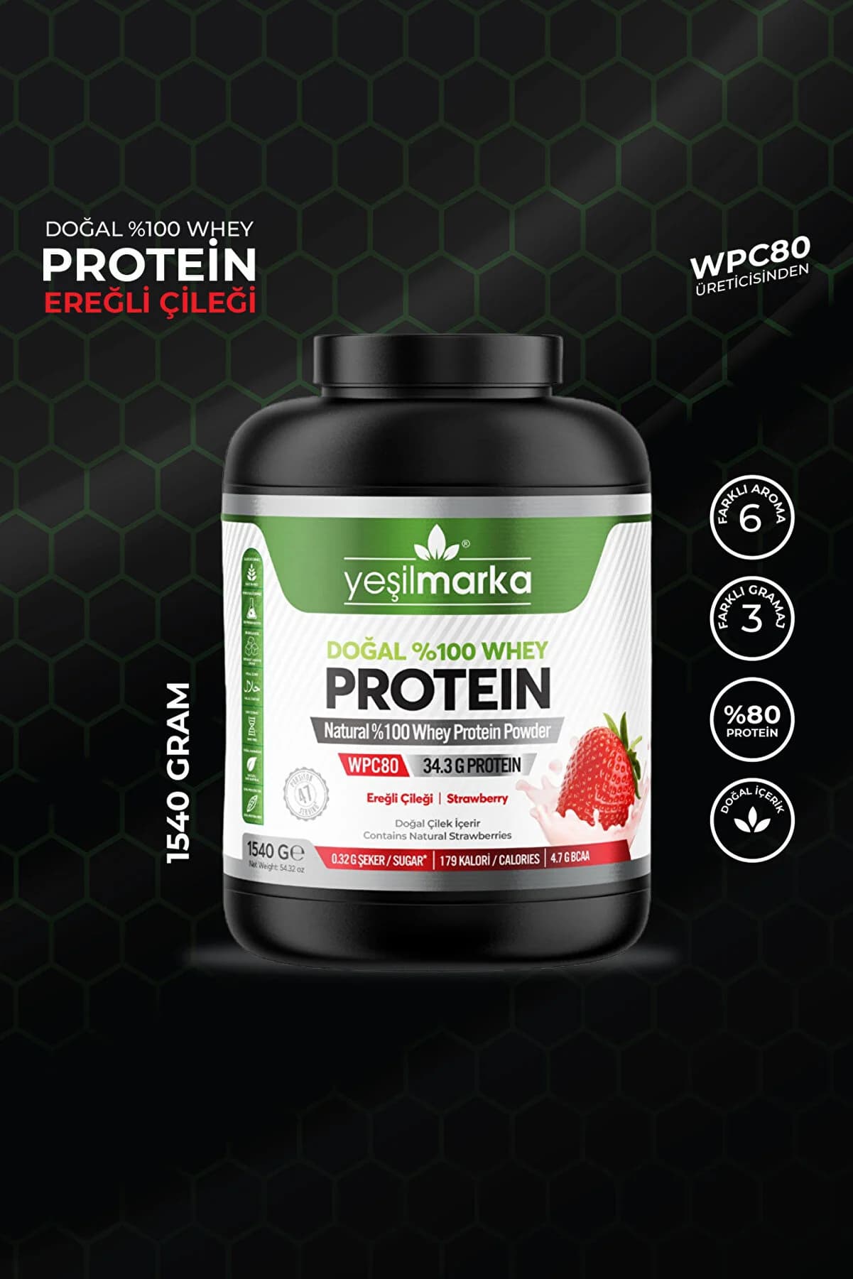 yeşilmarka Whey Protein Tozu– Ereğli Çileği 1540g- Gerçek Çilek Içerir- Yüksek Proteinli