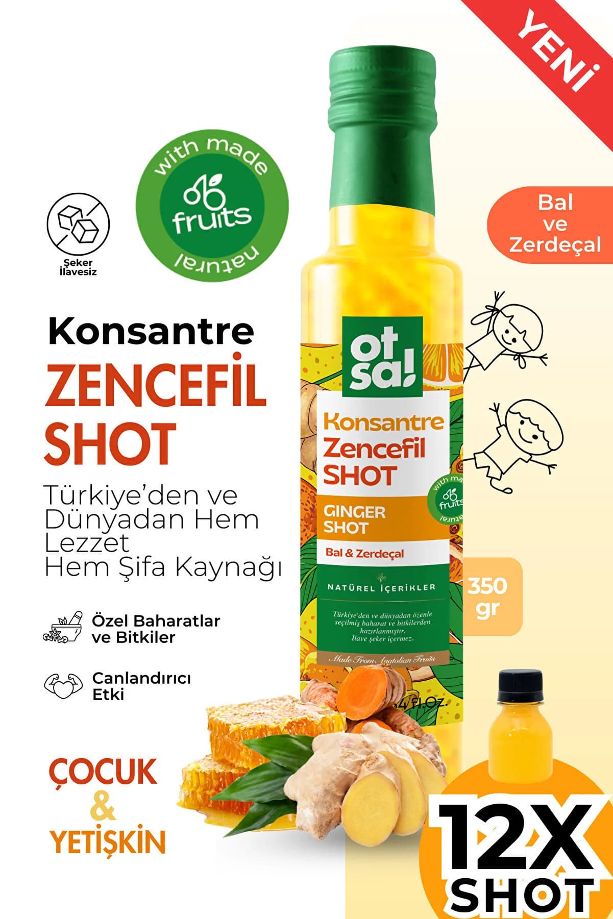 Otsa Ginger Shot, Portakal, Limon, Bal Ve C Vitamini Içeren Doğal Karışım Zencefil Shot 350g