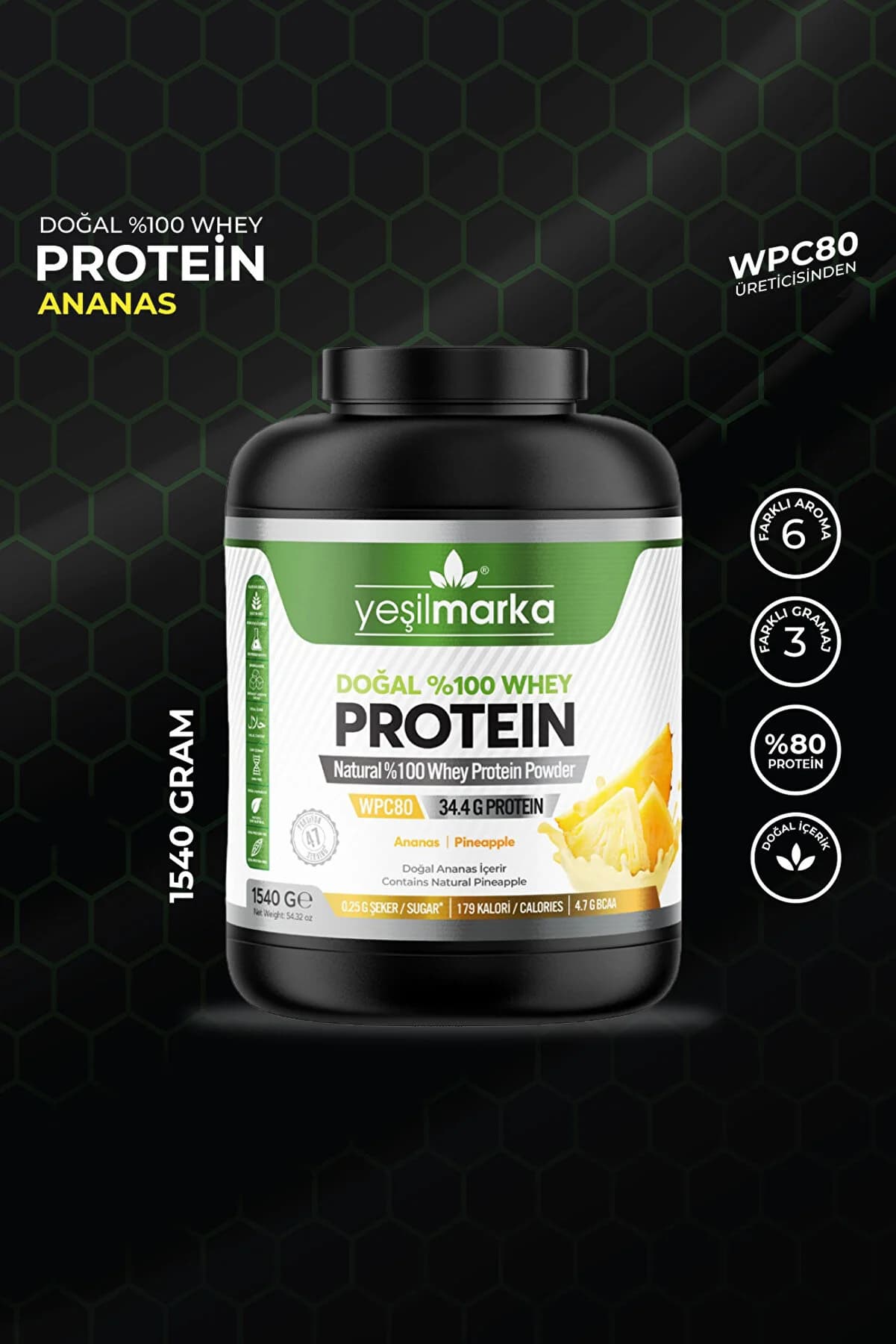 yeşilmarka Whey Protein Tozu– Ananas 1540g- Yerli Whey Protein Tozu Üreticisinden Tüketiciye