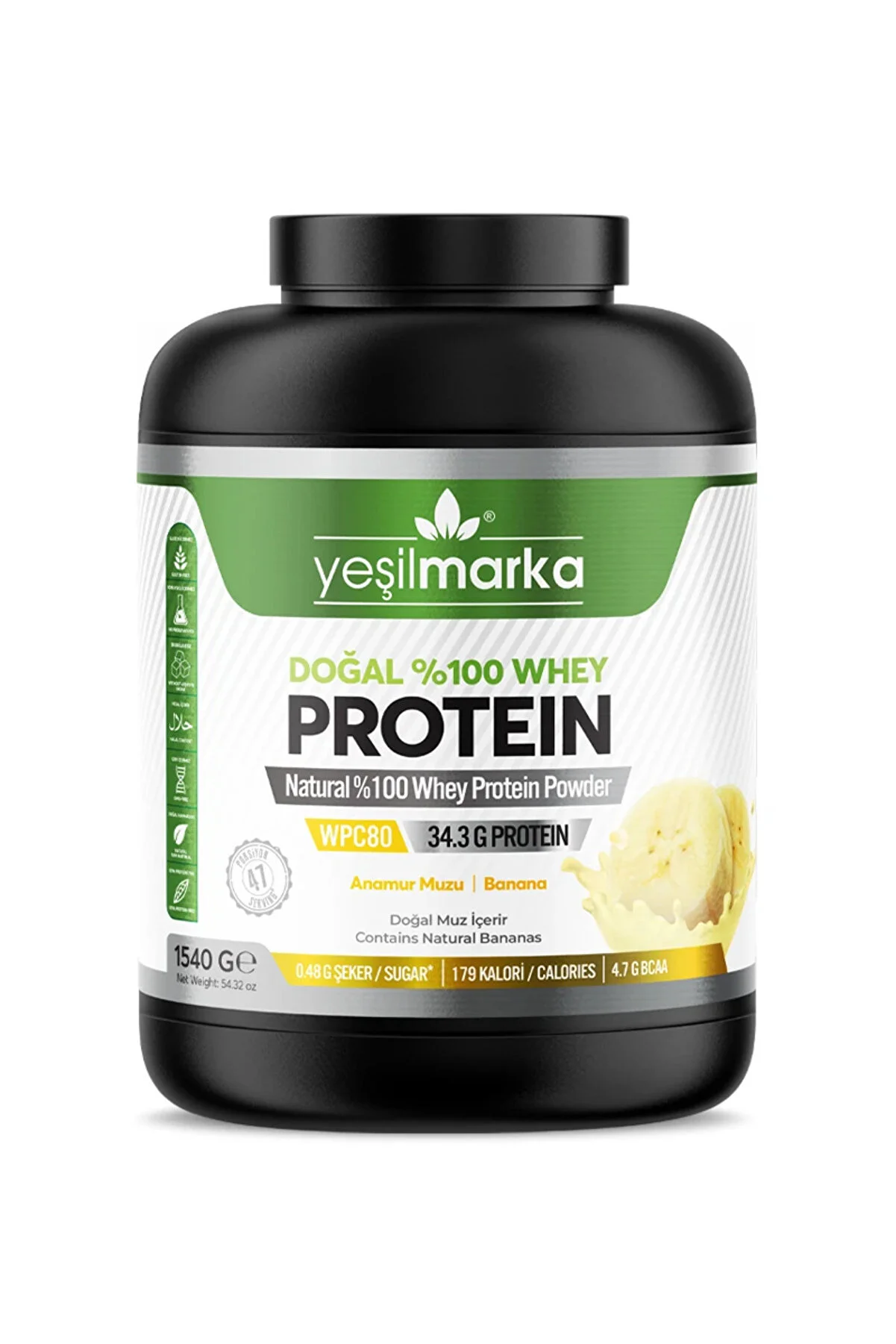 yeşilmarka Whey Protein Tozu– Anamur Muzu 1540g- Sadece %80 Protein Içeren Whey Protein Içerir