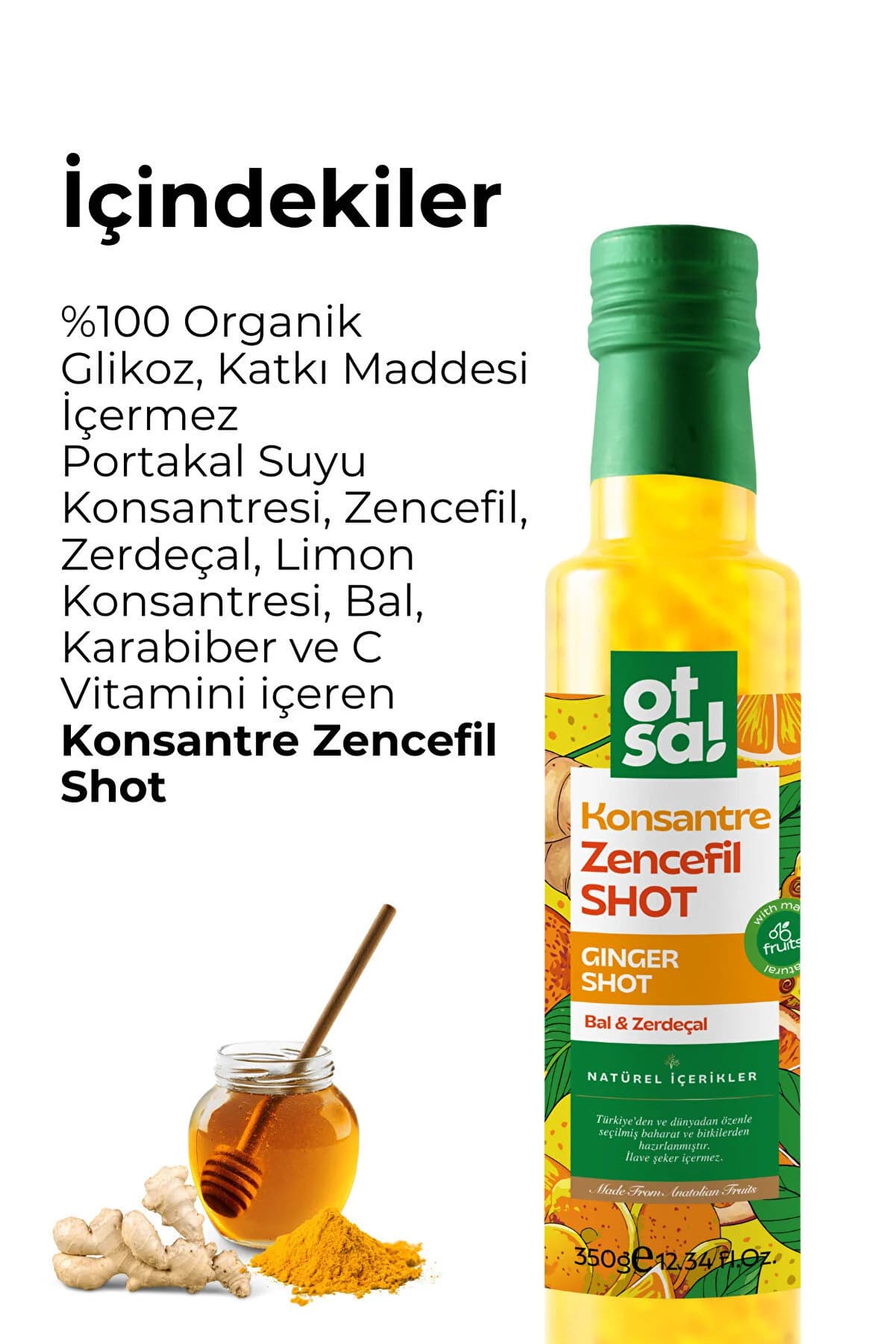 Otsa Ginger Shot, Portakal, Limon, Bal Ve C Vitamini Içeren Doğal Karışım Zencefil Shot 350g