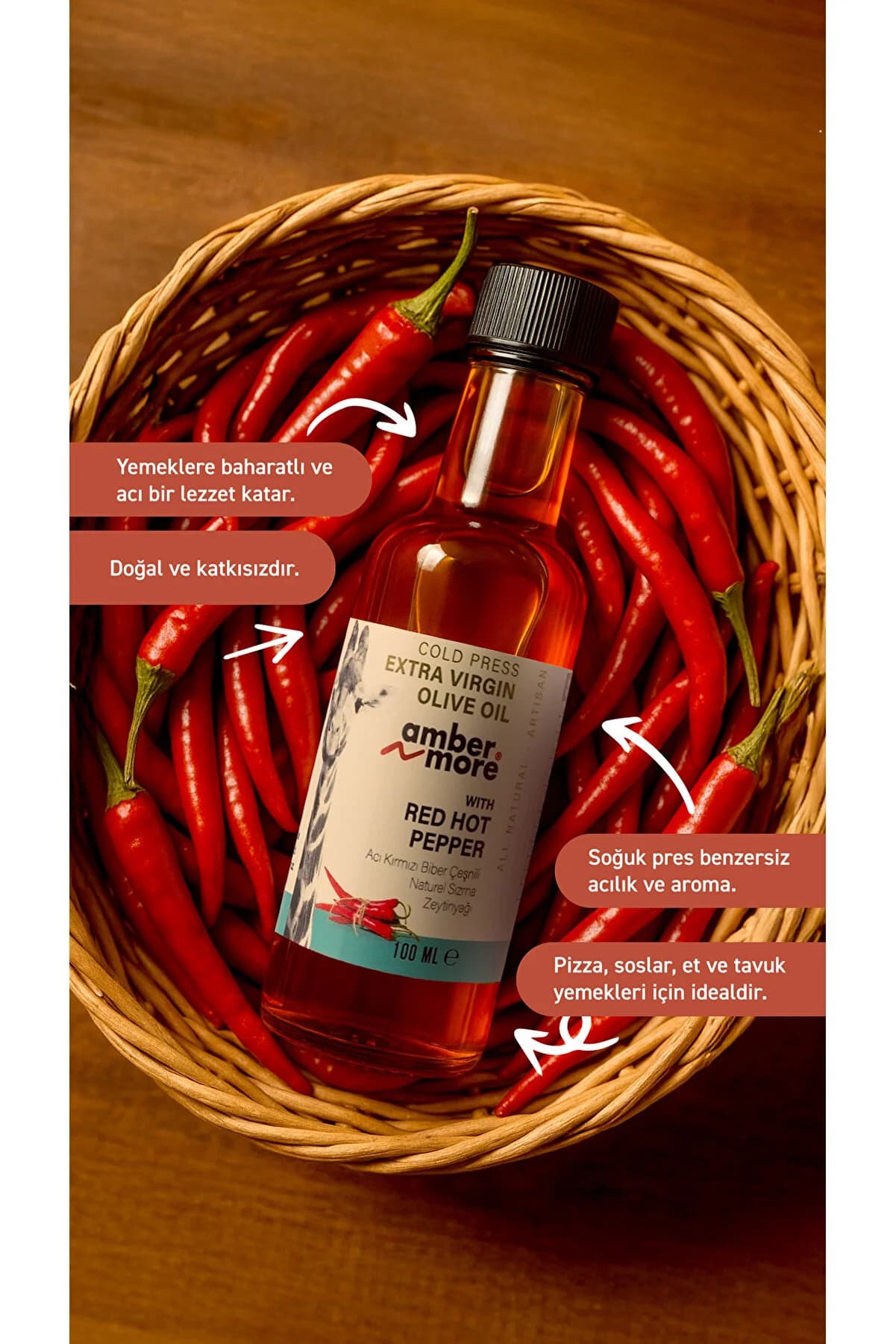 AMBERNMORE Acı Kırmızı Biber Çeşnili Naturel Sızma Zeytinyağı 100 ml