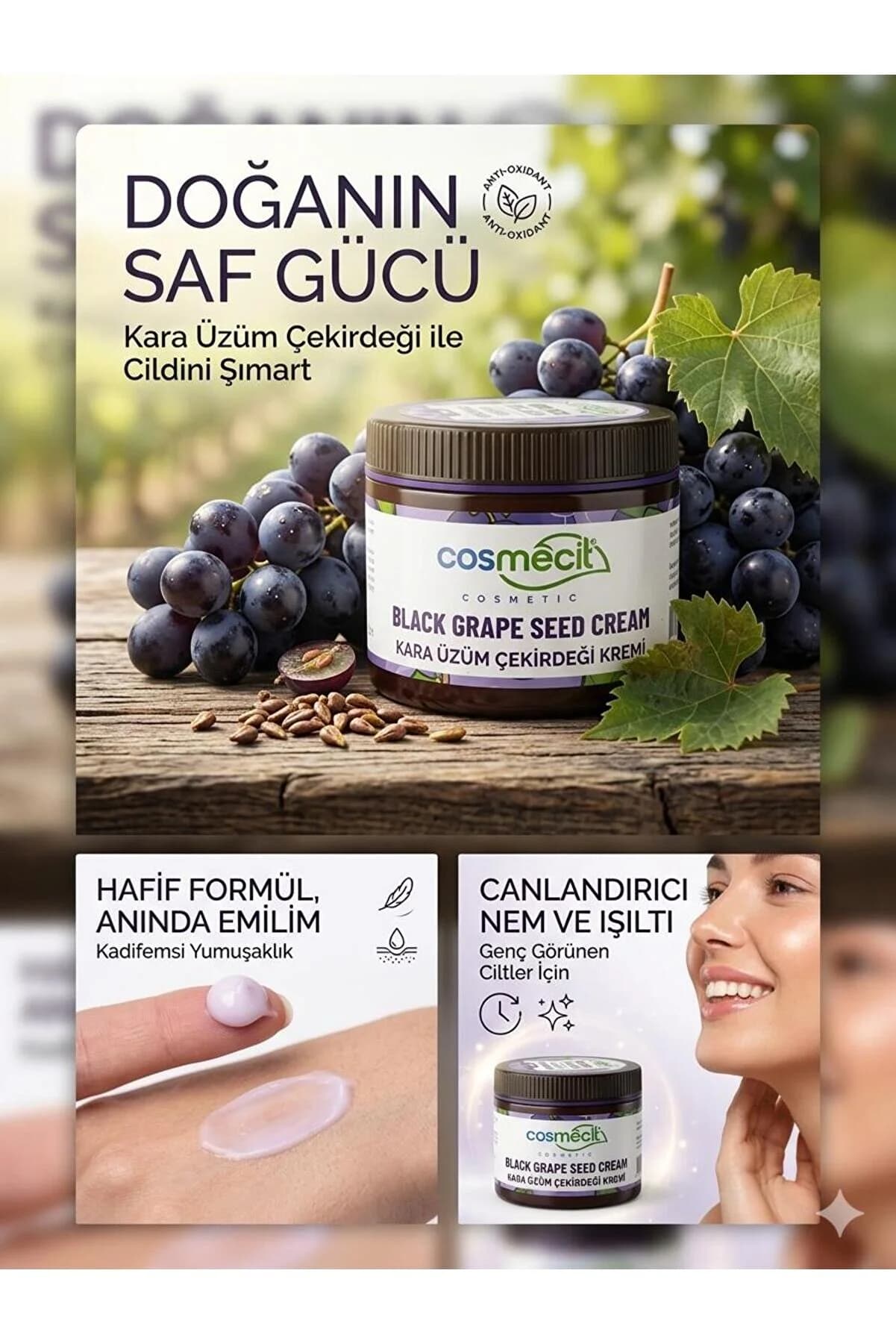 cosmecit Doğal Kara Üzüm Çekirdeği Kremi 100ml - Gençleştirici, Nemlendirici ve Antioksidan Etkili Bakım Kremi